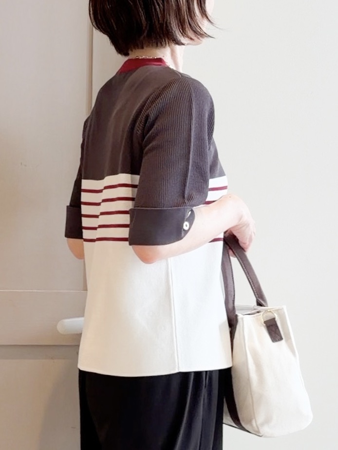 yamakoさんの「grove｜新色追加！【シリーズ累計36万枚/名品ニット】やわらかドライタッチ 袖メッシュ編みニット」を使ったコーディネート
