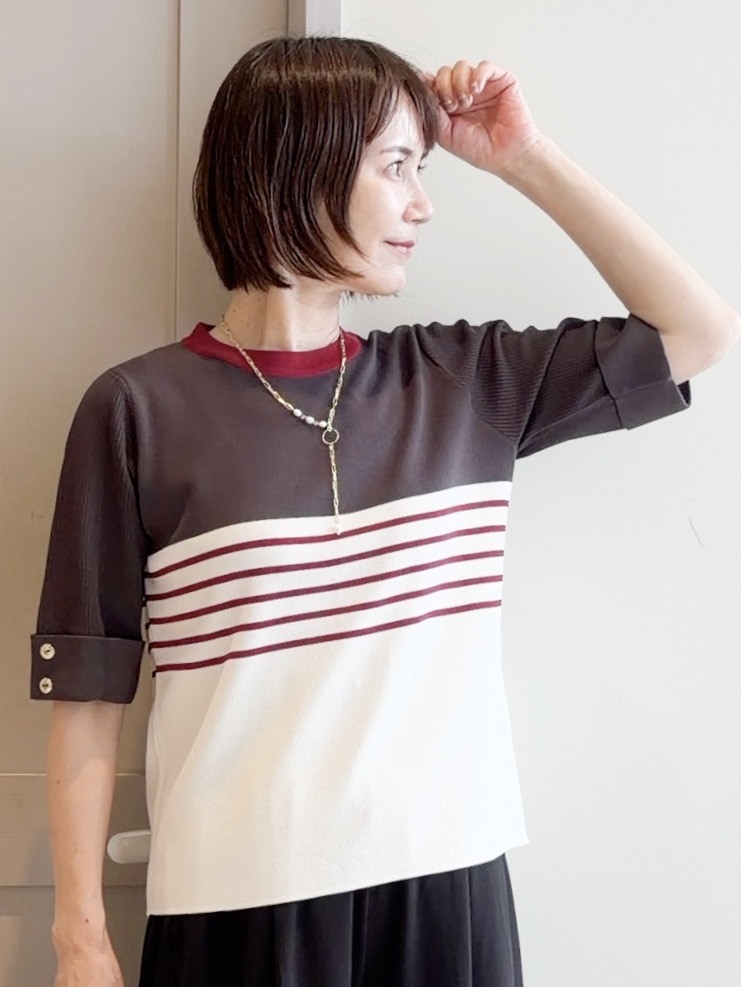 yamakoさんの「grove｜新色追加！【シリーズ累計36万枚/名品ニット】やわらかドライタッチ 袖メッシュ編みニット」を使ったコーディネート
