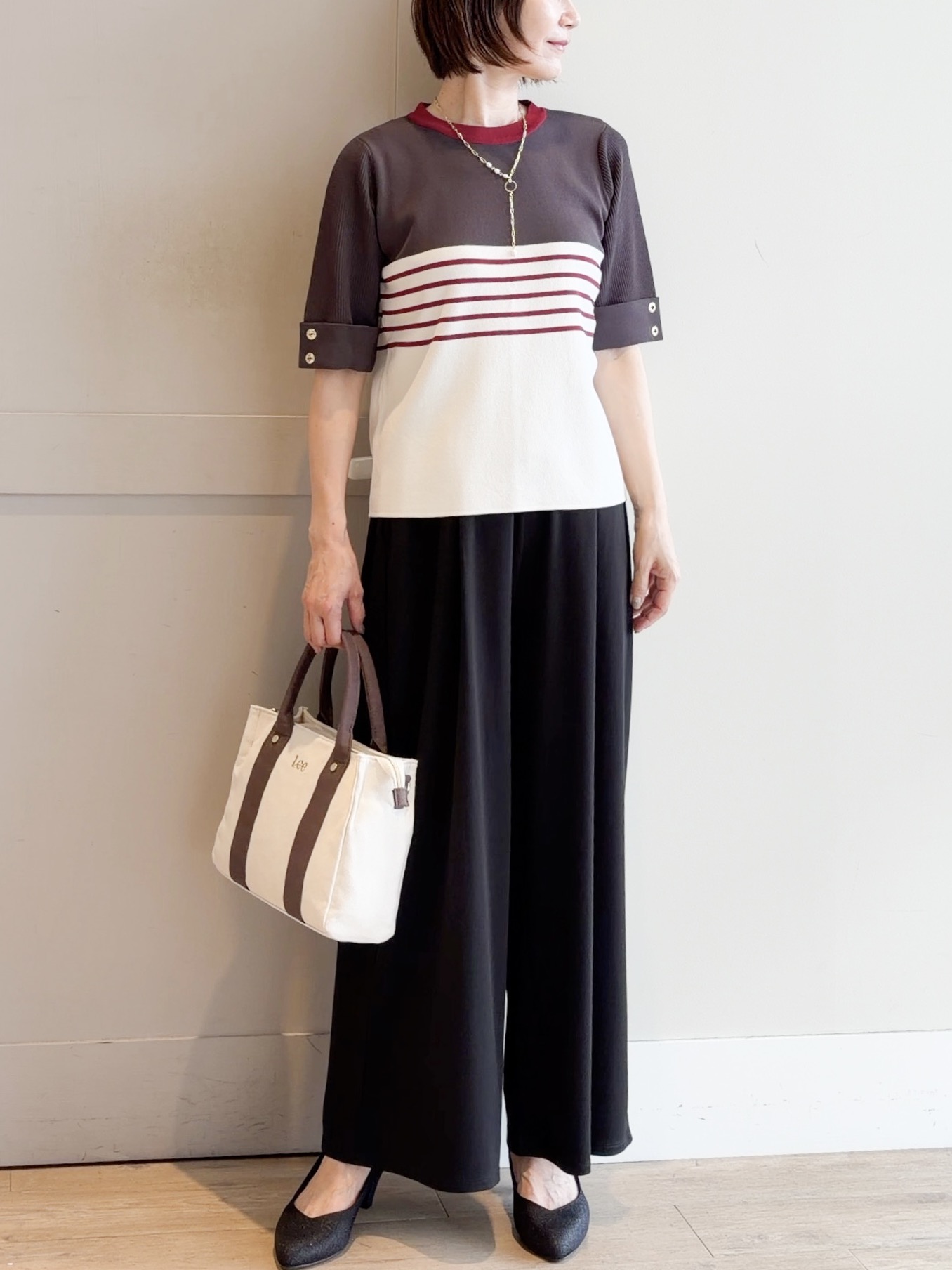 yamakoさんの「grove｜新色追加！【シリーズ累計36万枚/名品ニット】やわらかドライタッチ 袖メッシュ編みニット」を使ったコーディネート