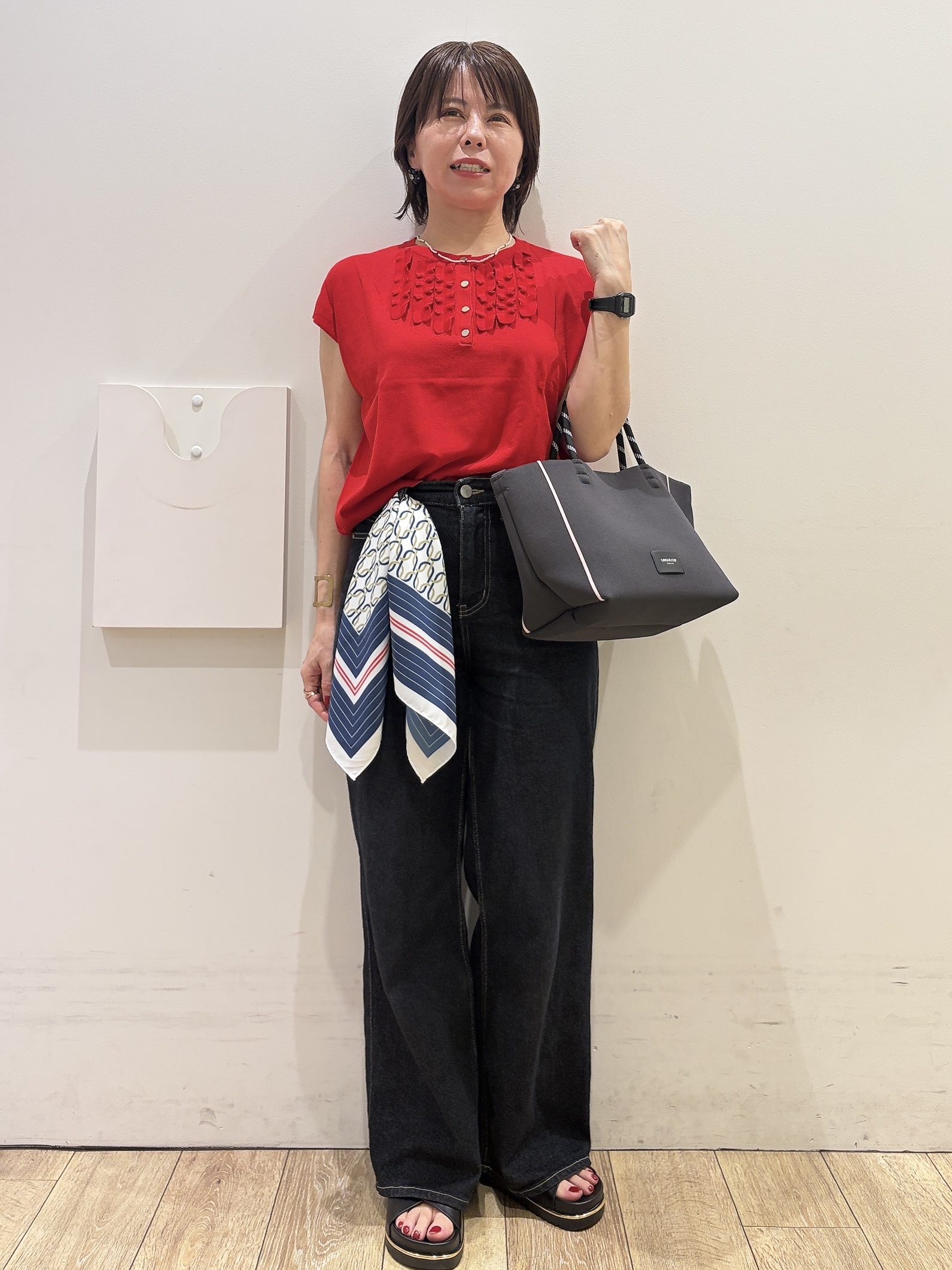 YUKOさんの「index｜【接触冷感／UV】フリルフレンチスリーブニット《洗濯機OK》」を使ったコーディネート