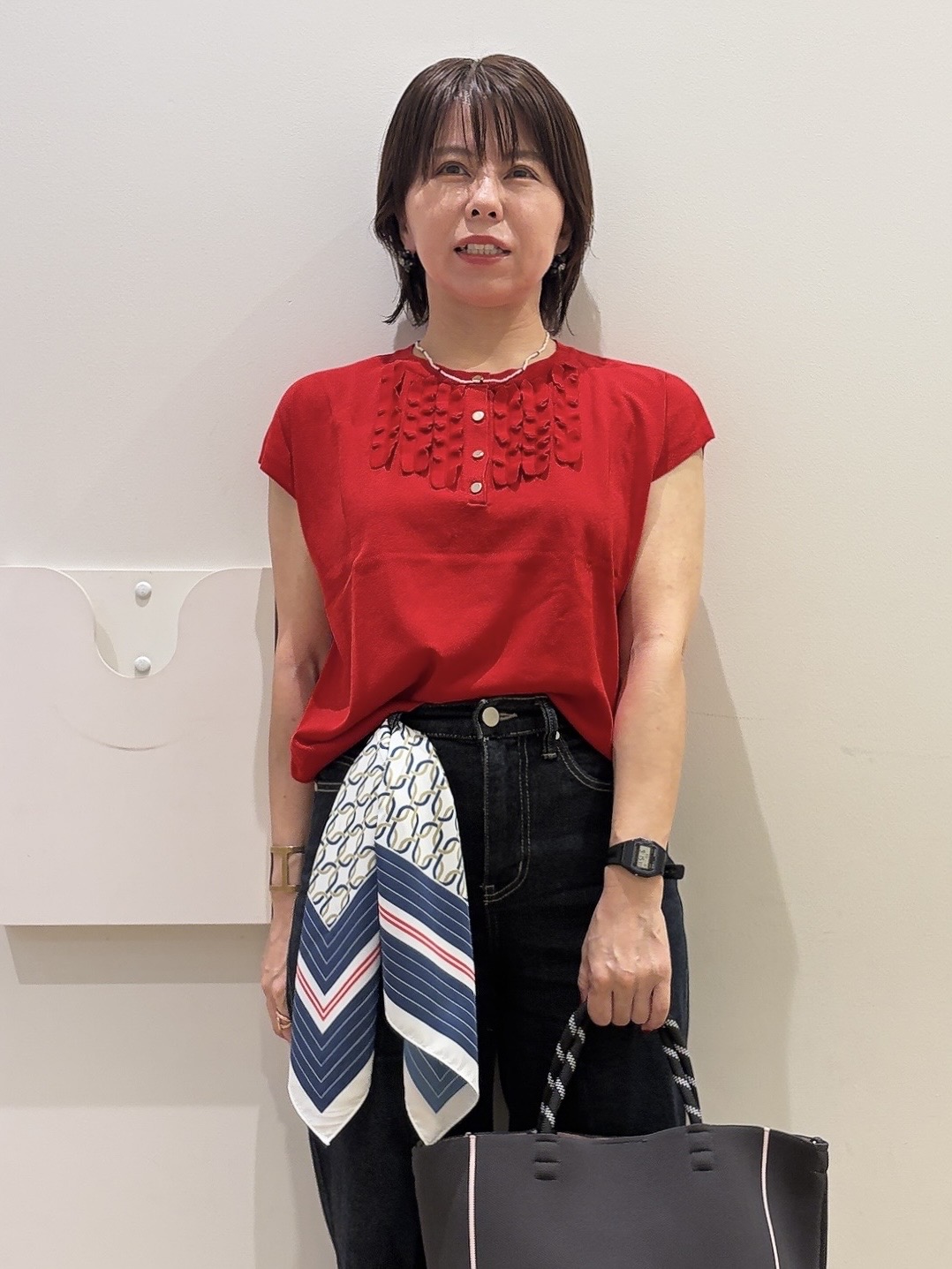 YUKOさんの「index｜【接触冷感／UV】フリルフレンチスリーブニット《洗濯機OK》」を使ったコーディネート