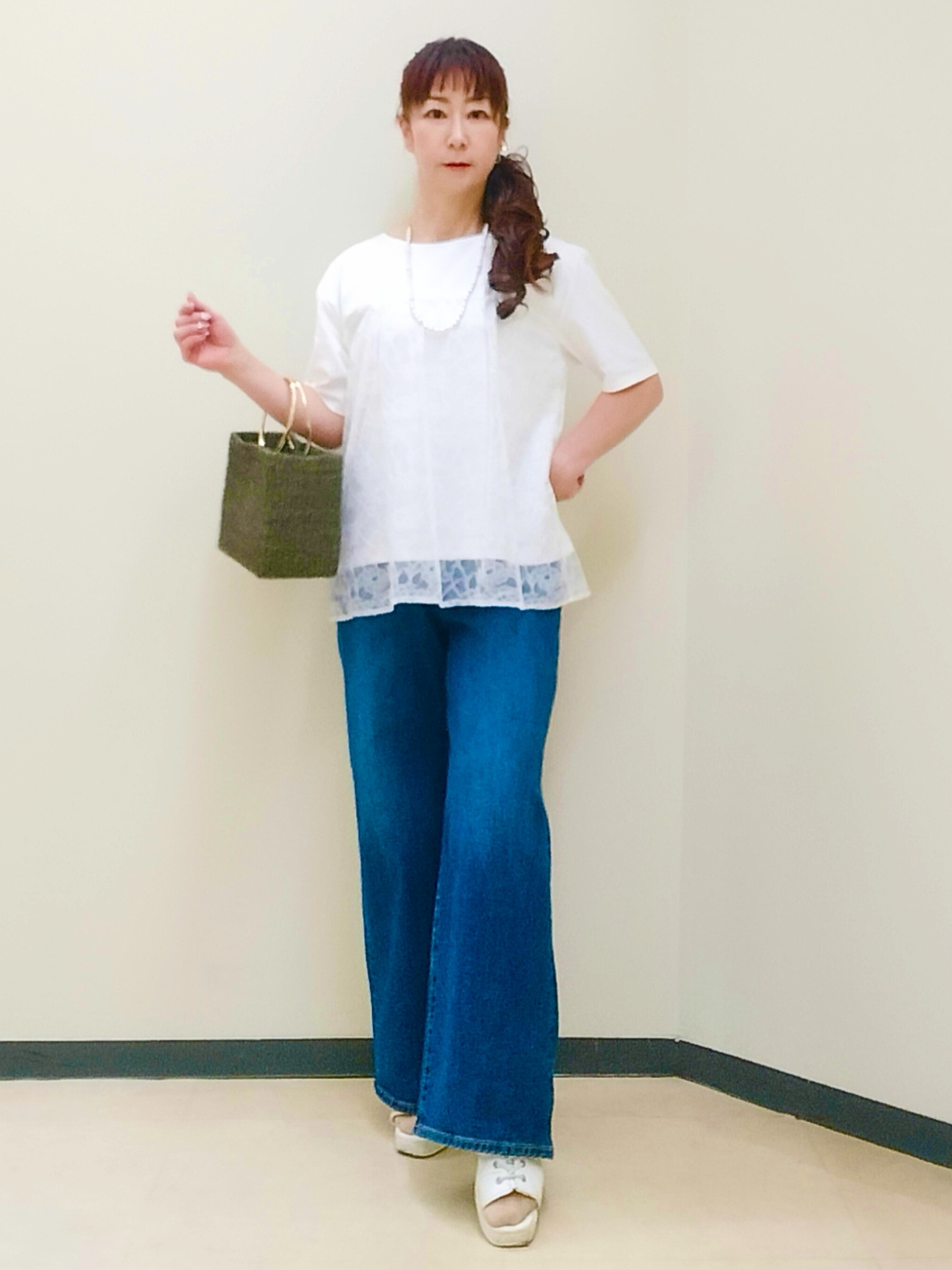 花さんの「Reflect｜【UVカット／接触冷感／手洗い可】ラッセルレースプルオーバー」を使ったコーディネート