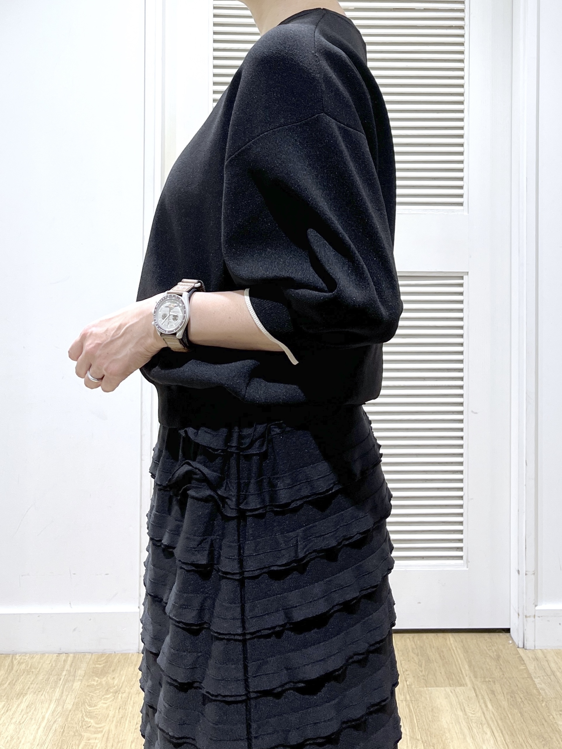 Miyazakiさんの「Dessin｜【UVカット/マシンウォッシャブル】6分袖配色ニット」を使ったコーディネート