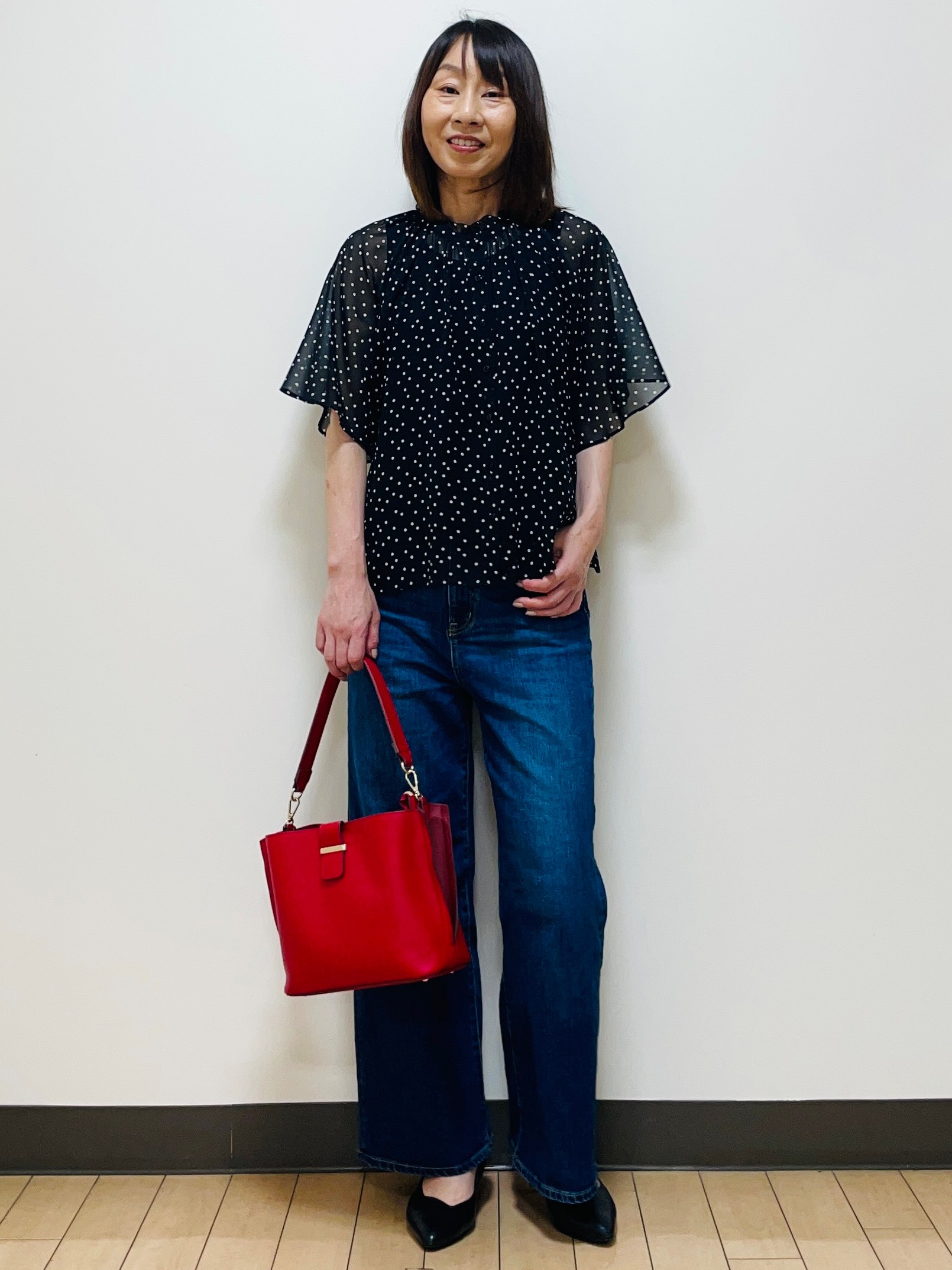 Riiさんの「Reflect｜【セットアップ／手洗い可】ドット柄シアーブラウス」を使ったコーディネート