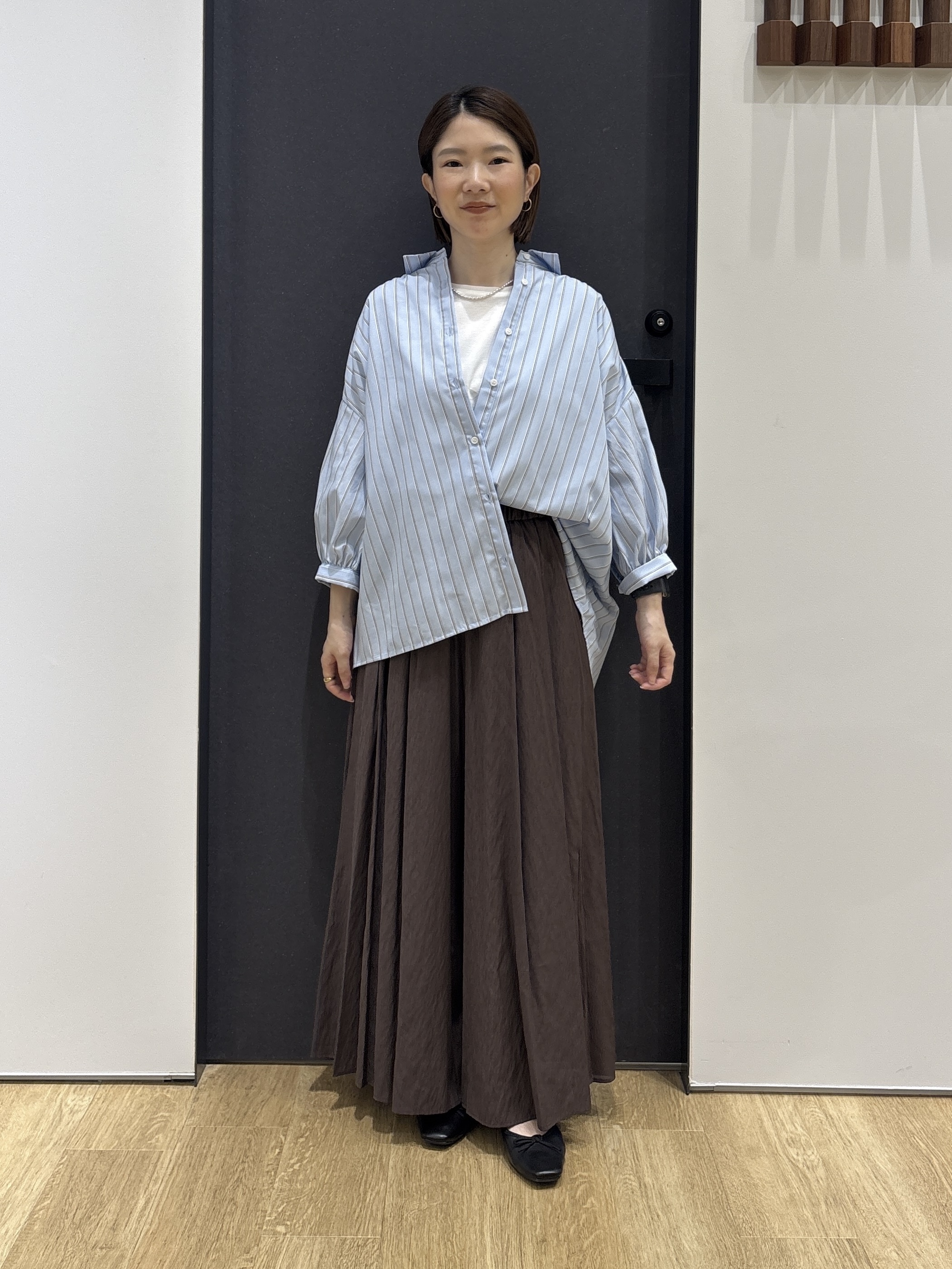 risaさんの「Dessin｜【UVカット】ギャザースリーブストライプシャツ6分袖」を使ったコーディネート