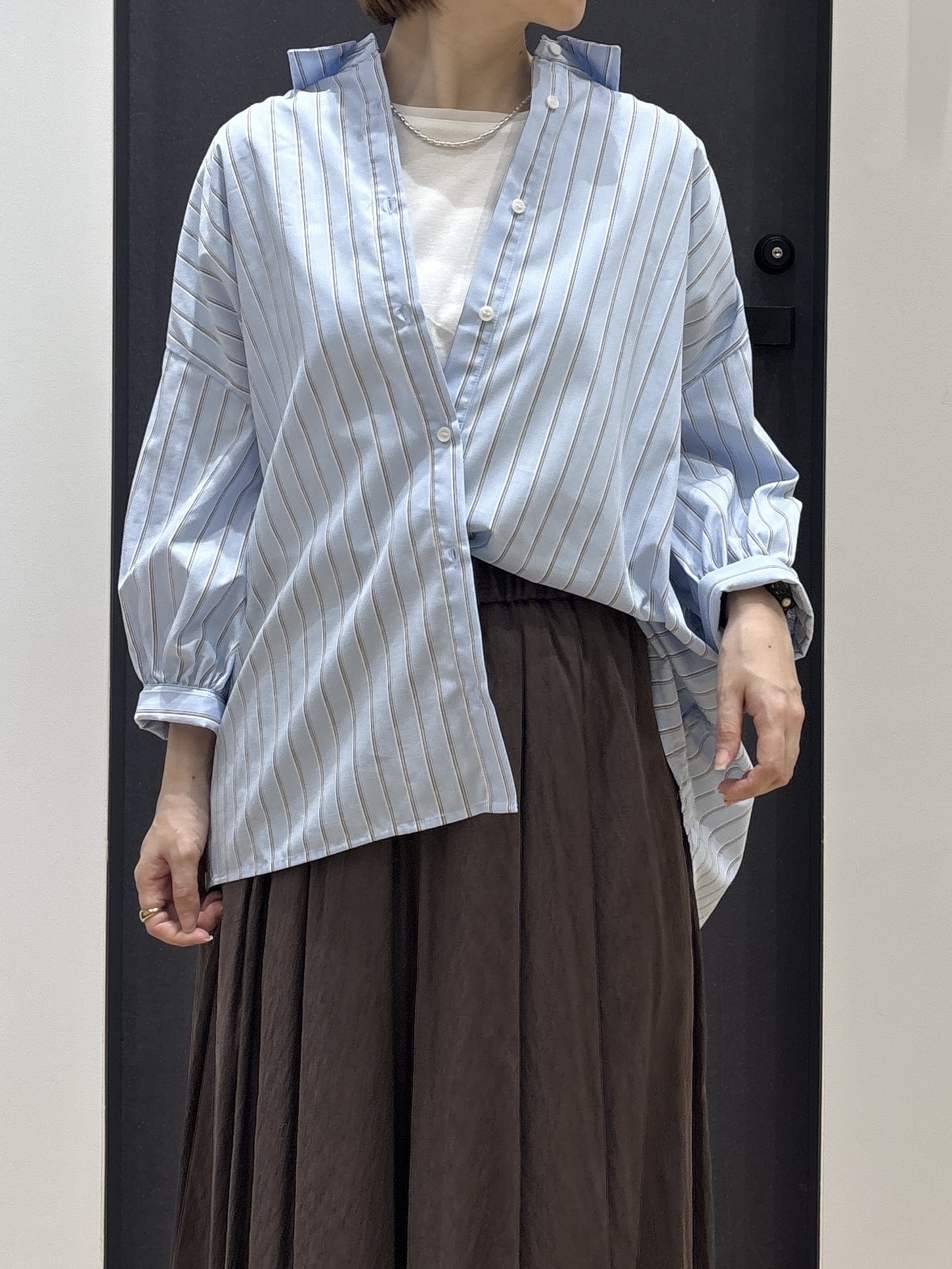 risaさんの「Dessin｜【UVカット】ギャザースリーブストライプシャツ6分袖」を使ったコーディネート