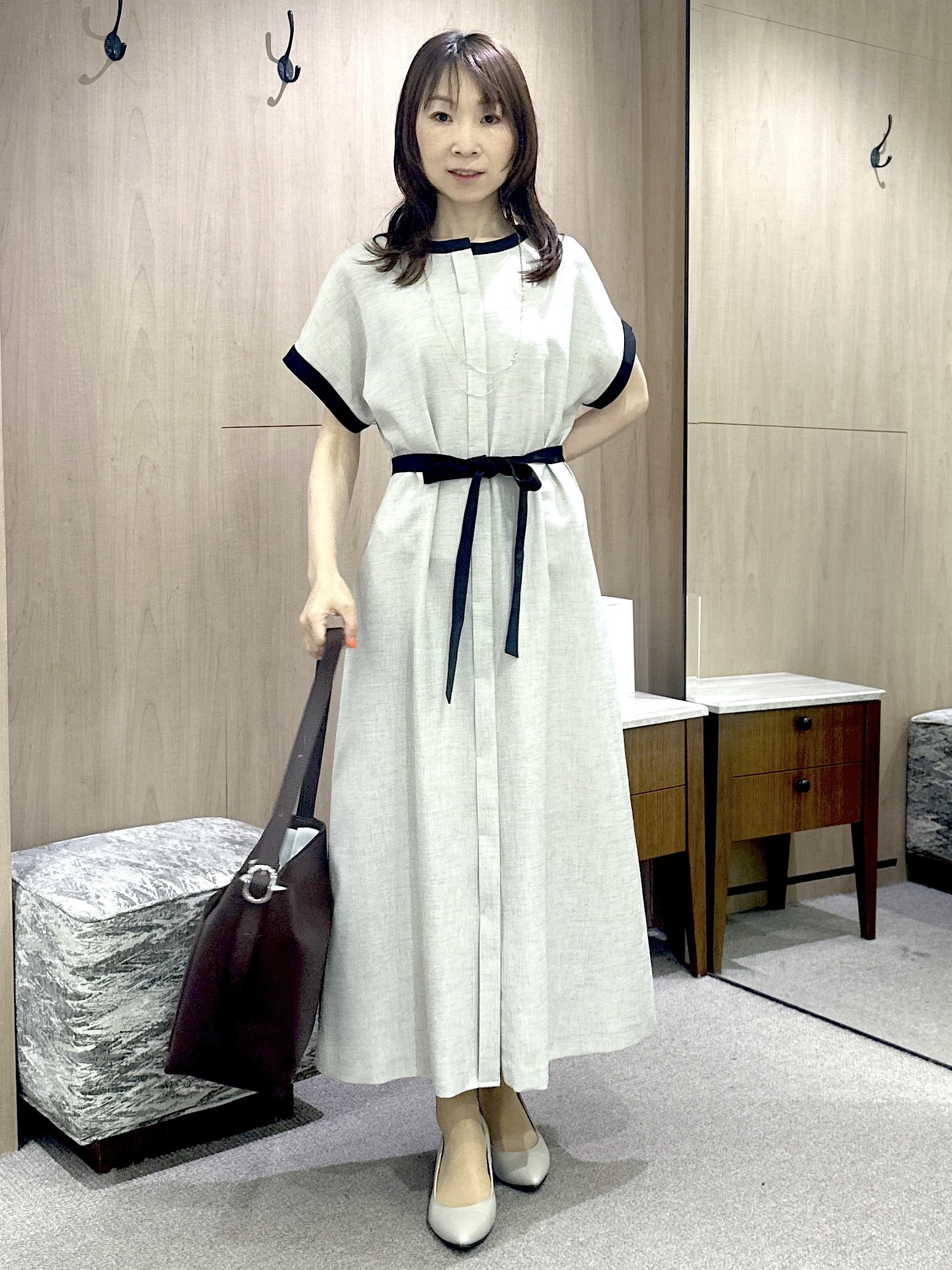 Miwaさんの「UNTITLED｜【接触冷感/UVカット/イージーケア】配色ラインワンピース」を使ったコーディネート