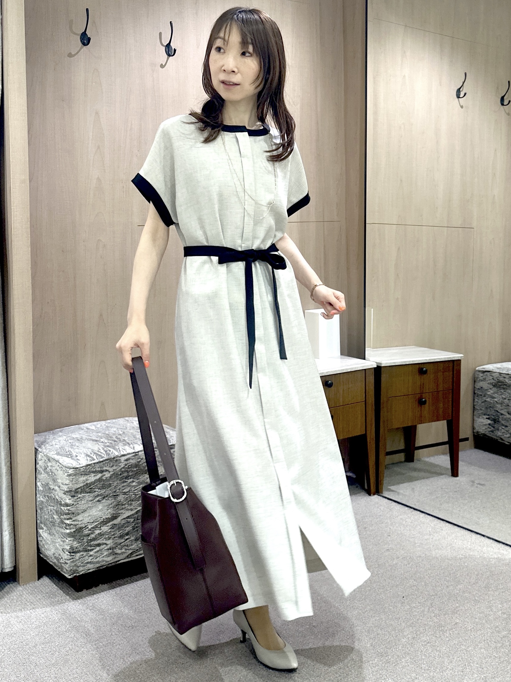 Miwaさんの「UNTITLED｜【接触冷感/UVカット/イージーケア】配色ラインワンピース」を使ったコーディネート