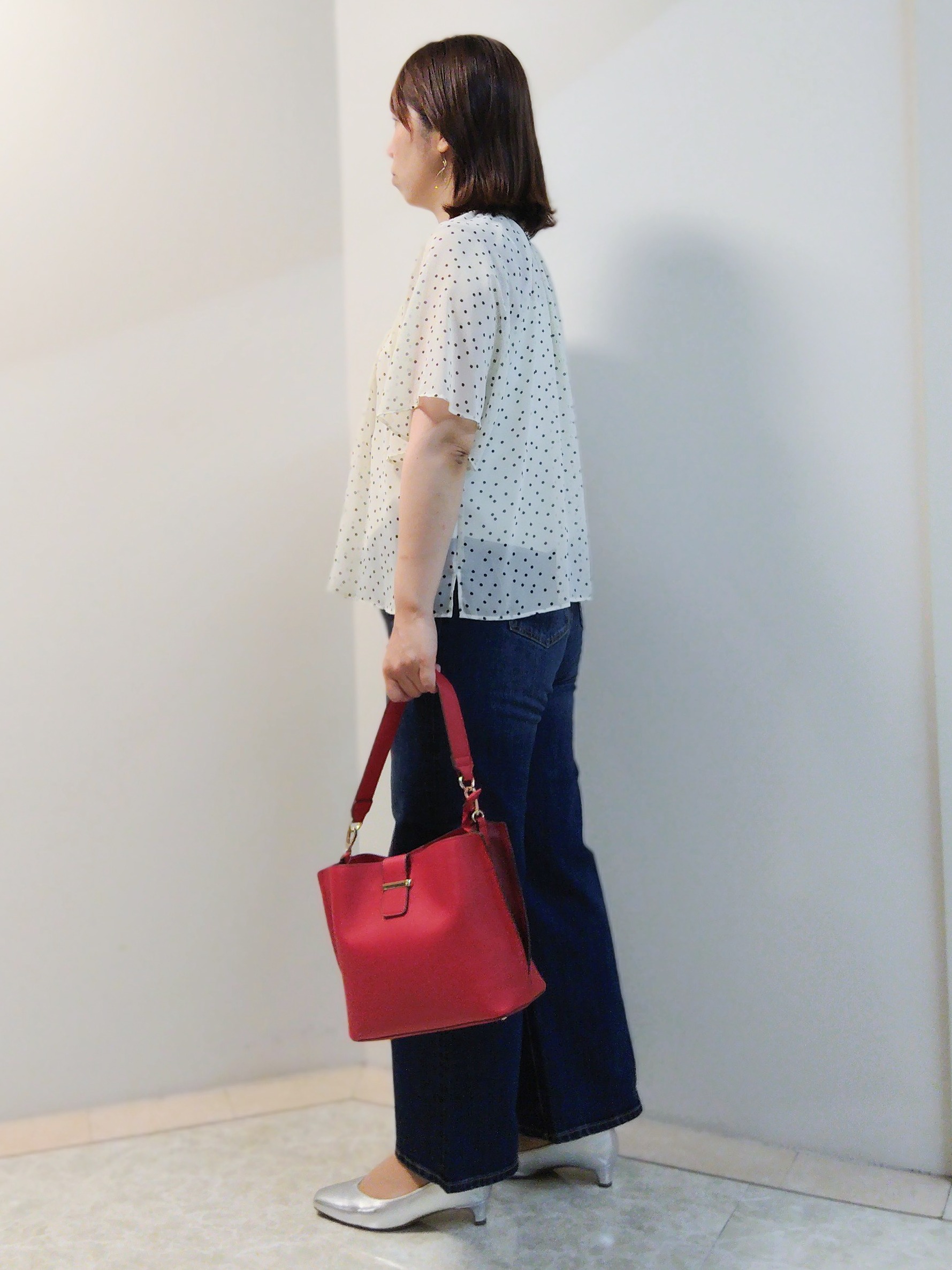 エリさんの「Reflect｜【セットアップ／手洗い可】ドット柄シアーブラウス」を使ったコーディネート