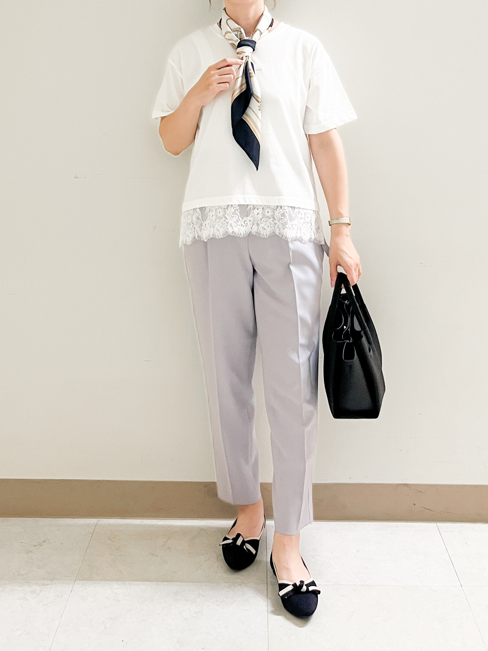 あかねさんの「OPAQUE.CLIP｜【接触冷感／UV】刺繍ロゴ裾レースTシャツ《洗濯機OK》」を使ったコーディネート