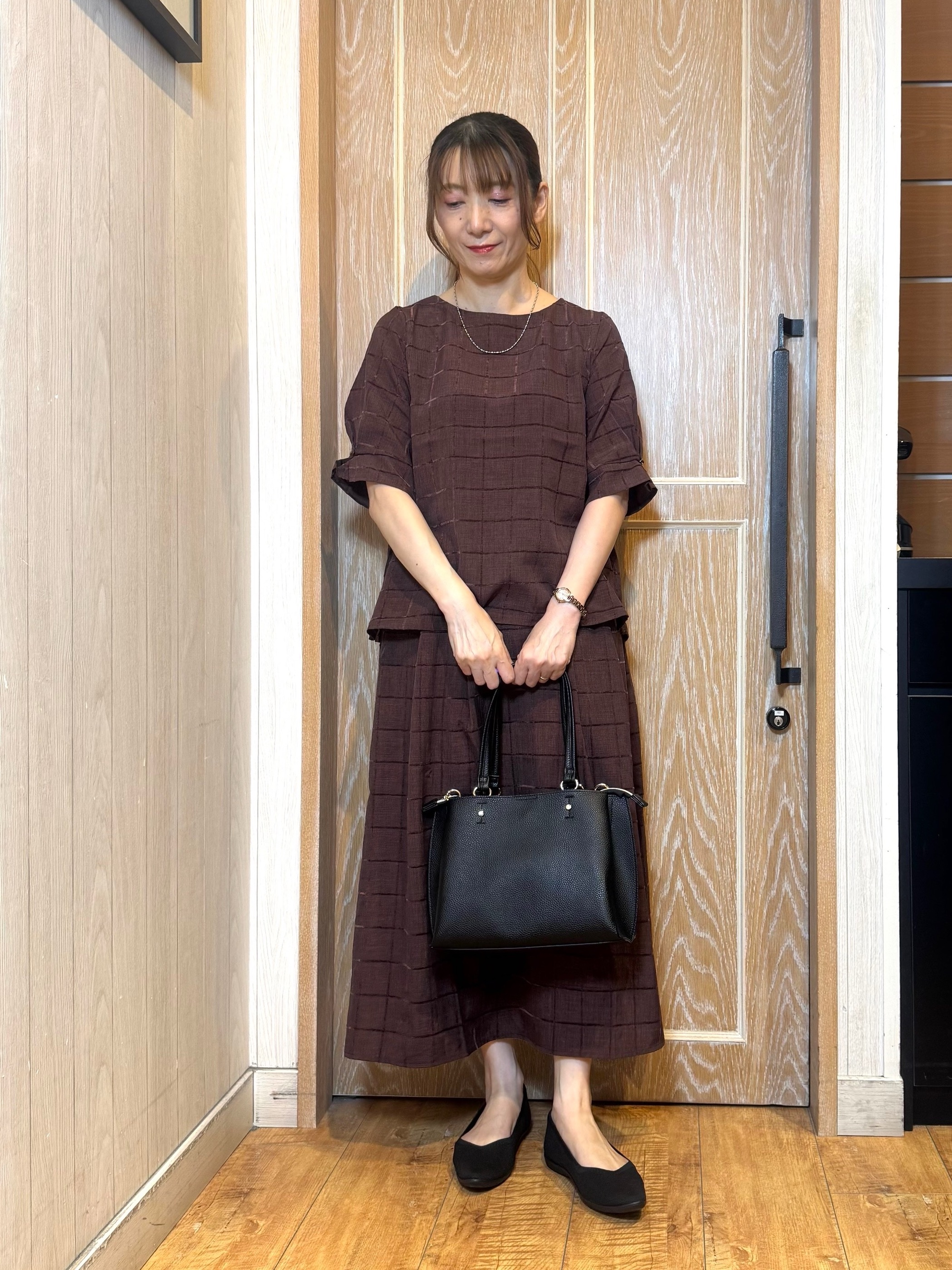 KAORIさんの「SHOO･LA･RUE｜【セットアップ可/S-LL】モールチェックで上品に タックスリーブ ブラウス」を使ったコーディネート