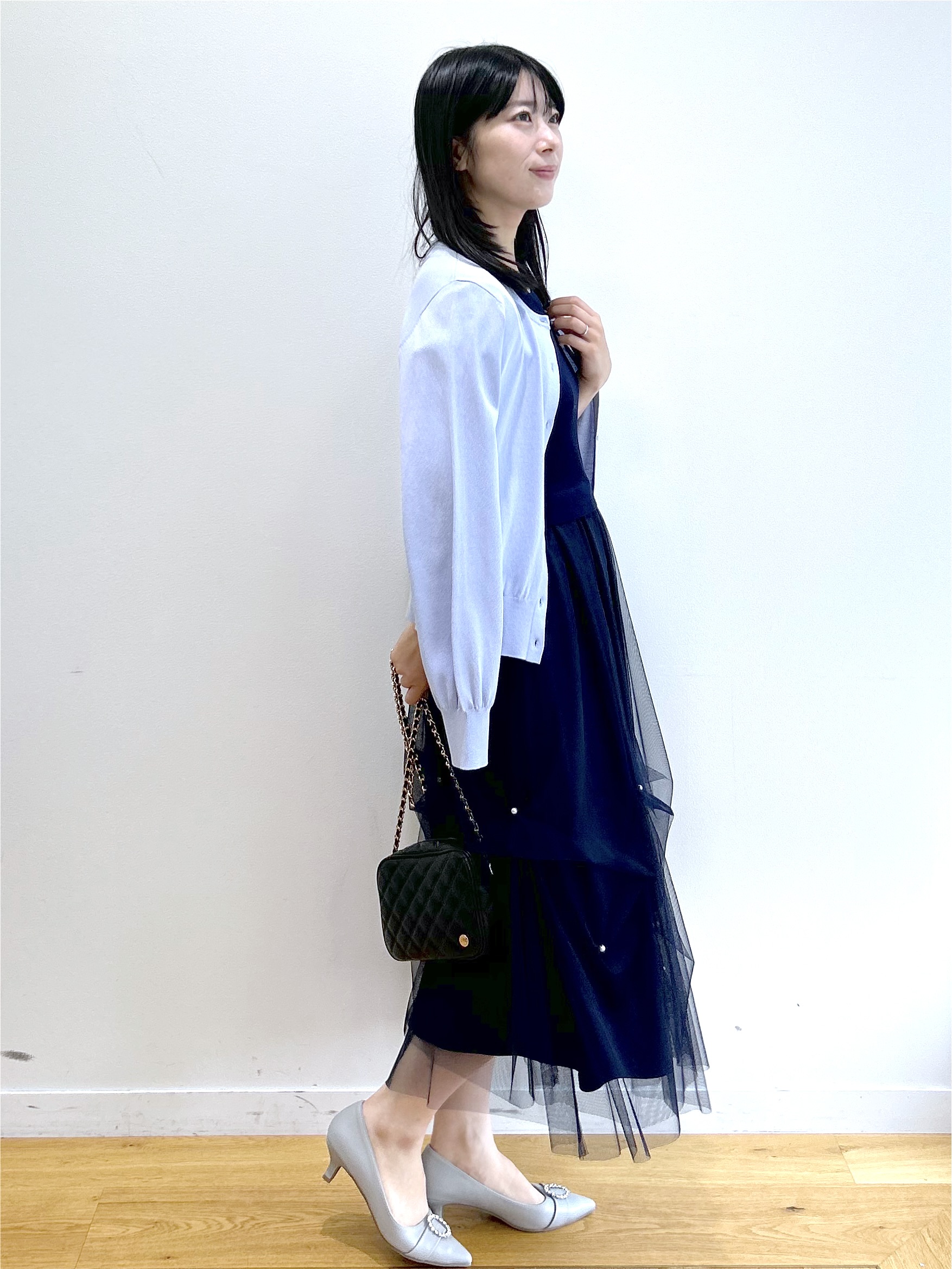RINAさんの「index｜チュールパール調ドッキングニットワンピース【洗濯機OK／抗ピル】」を使ったコーディネート