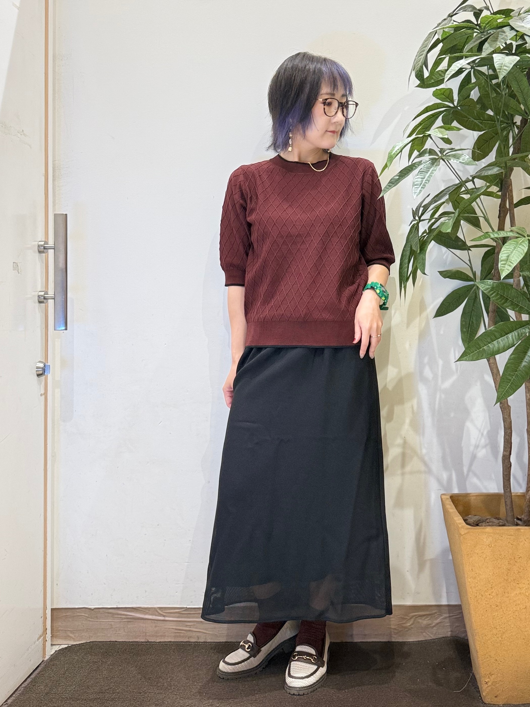 misakiさんの「SHOO･LA･RUE｜【毛玉になりにくい/S-LL】きれいですっきり二の腕カバー ダイヤ柄5分袖ニット」を使ったコーディネート