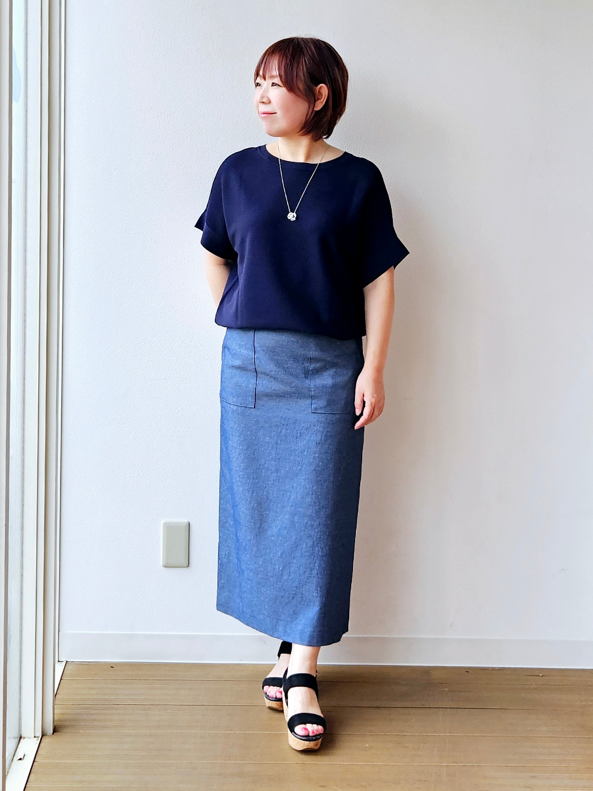 やじまさんの「UNTITLED｜【11色展開/体型カバー】前後2WAYフレンチスリーブニット」を使ったコーディネート