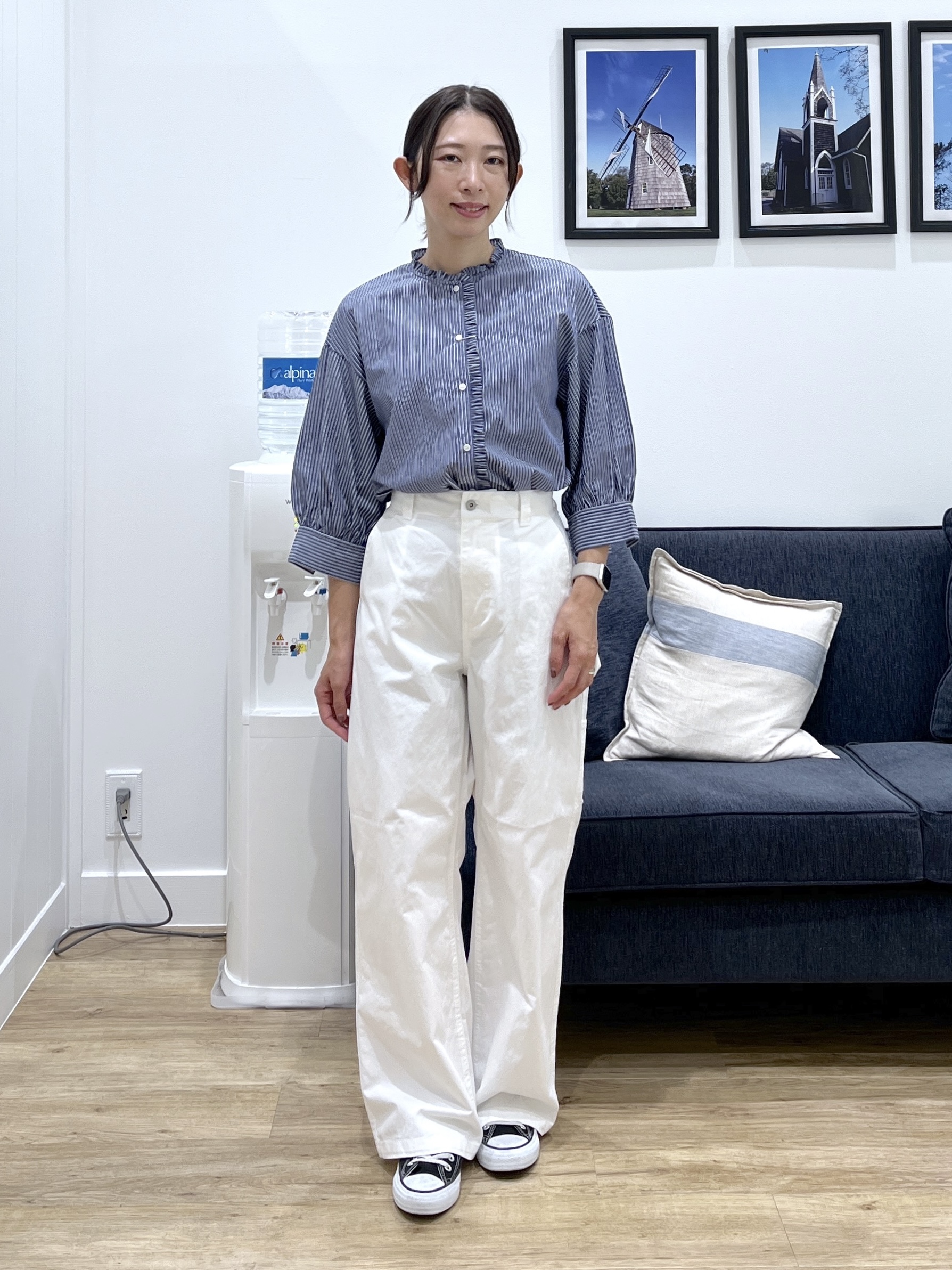 canaさんの「Dessin｜【UVカット】ストライプフリルブラウス6分袖」を使ったコーディネート