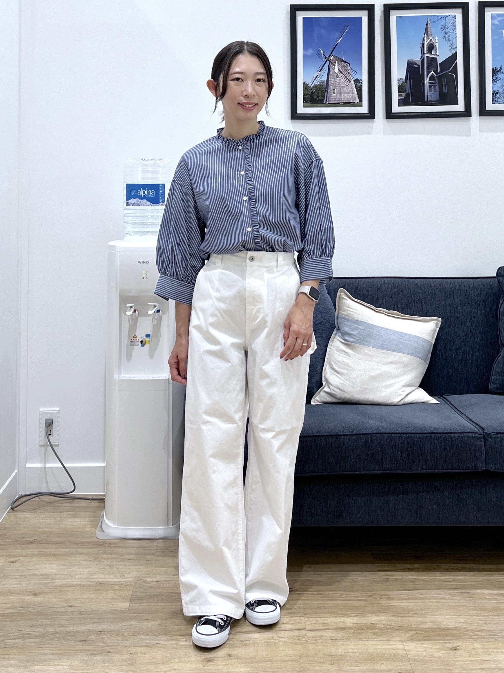 canaさんの「Dessin｜【UVカット】ストライプフリルブラウス6分袖」を使ったコーディネート