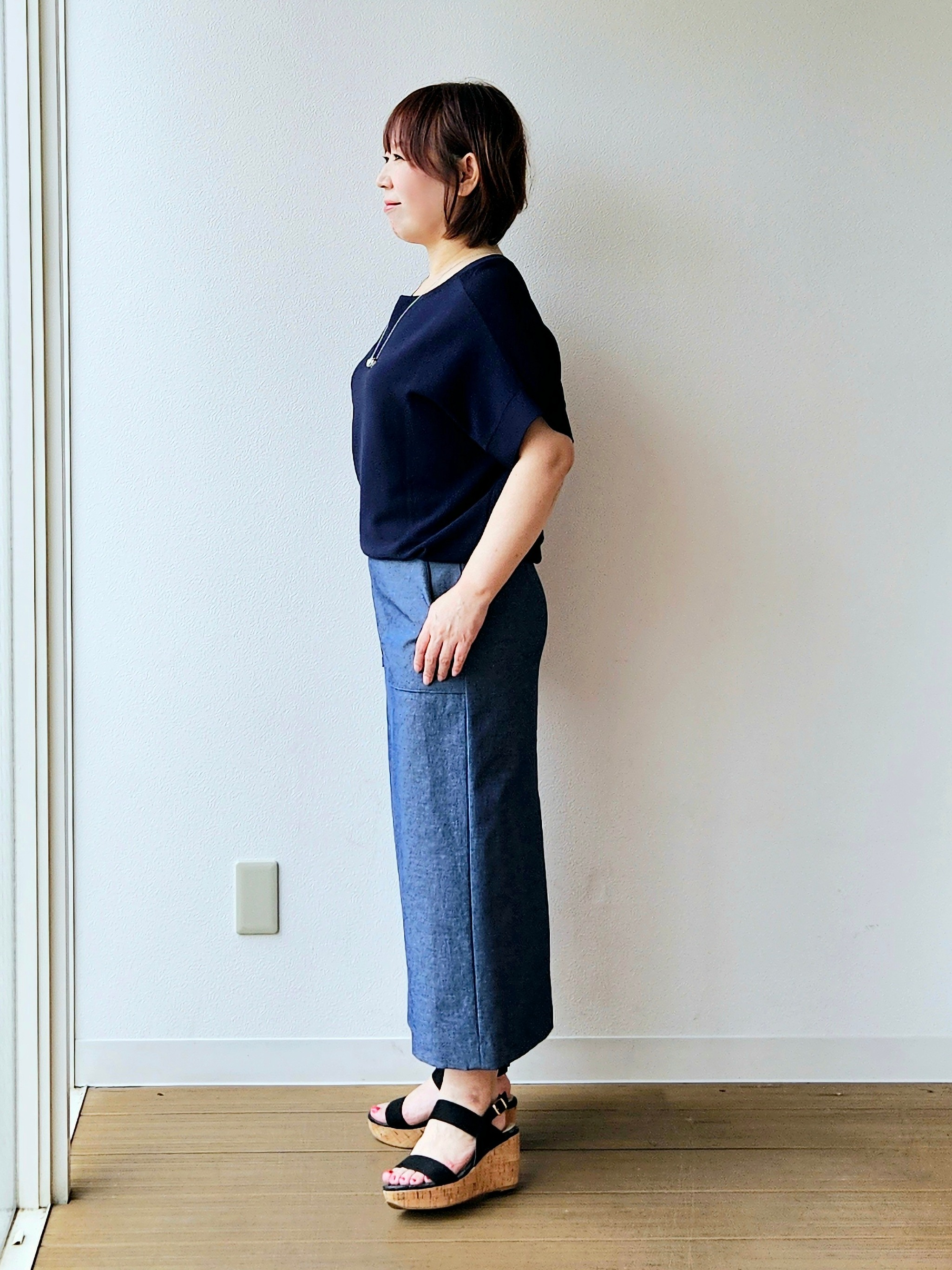 やじまさんの「UNTITLED｜【11色展開/体型カバー】前後2WAYフレンチスリーブニット」を使ったコーディネート