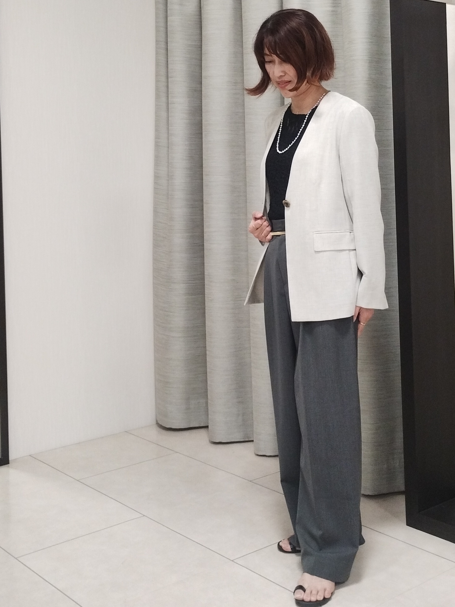 u&minus;macoさんの「UNTITLED｜【さらりと快適/セットアップ可/UV/接触冷感】スラブカラーレスジャケット」を使ったコーディネート