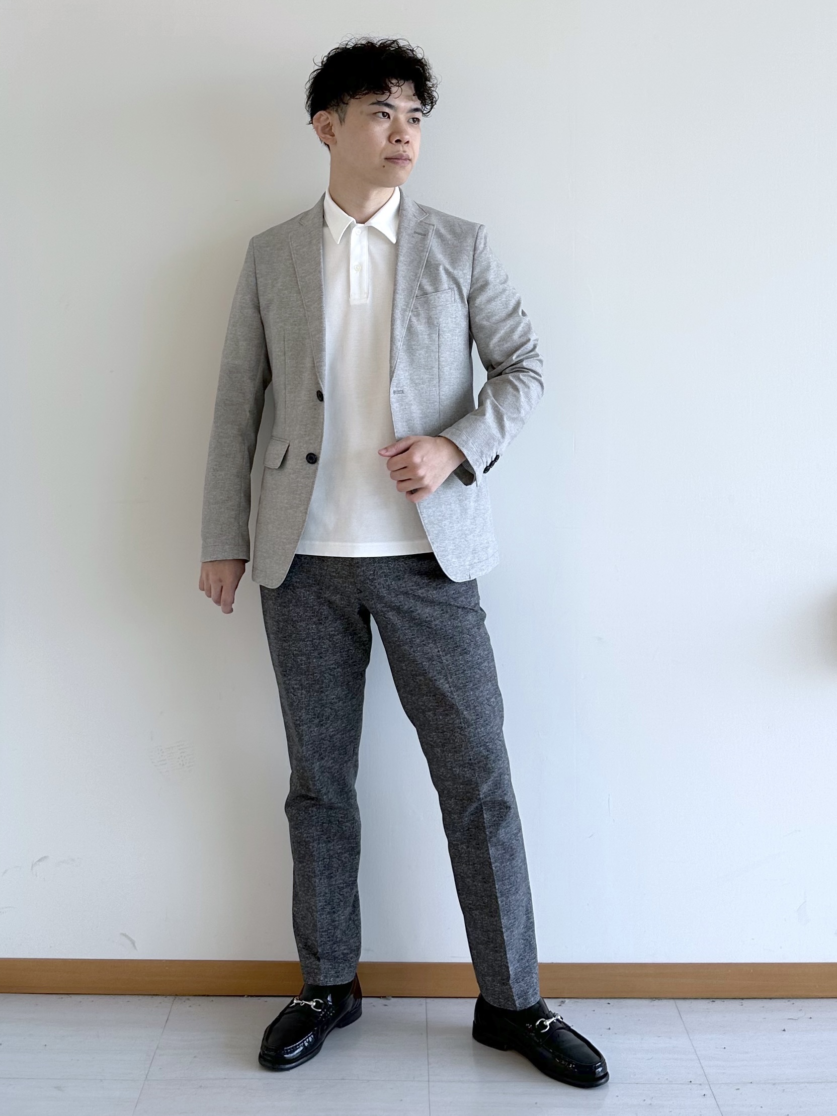イッシーさんの「TAKEO KIKUCHI｜【抗菌防臭】COOL DOTS（R）ドビープリント ジャケット」を使ったコーディネート