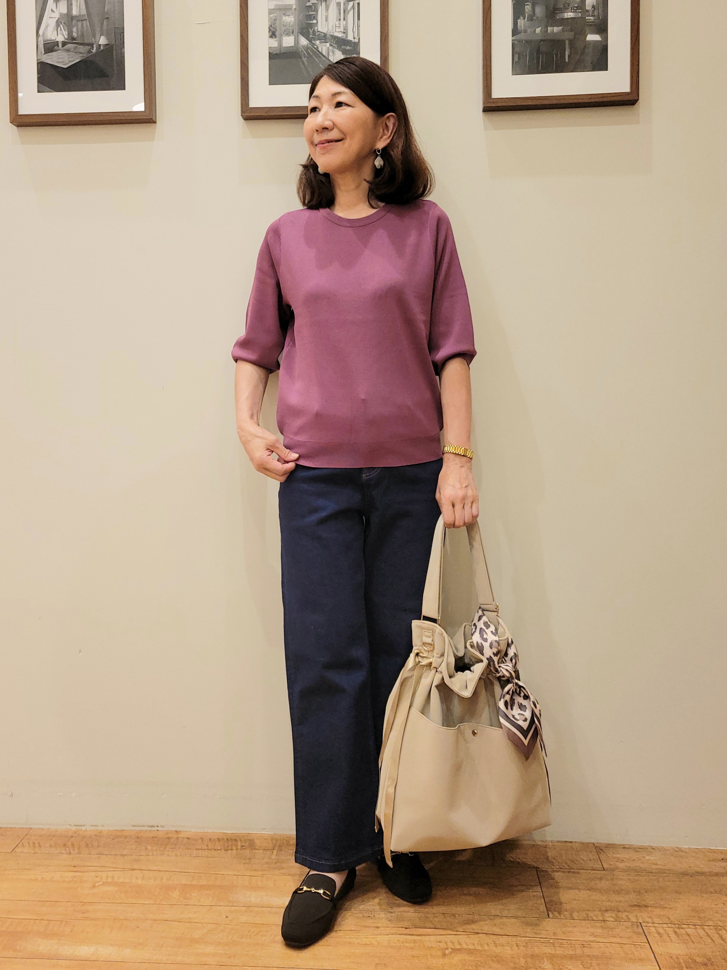ユウさんの「SHOO･LA･RUE｜【ガンガン洗える/ひんやり/UV/毛玉になりにくい】上半身すっきり 二の腕見せない5分袖ニット」を使ったコーディネート