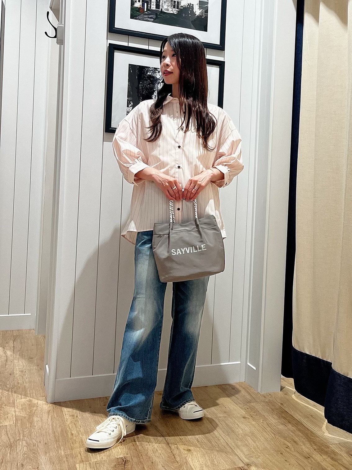mihoさんの「Dessin｜【UVカット】ギャザースリーブストライプシャツ6分袖」を使ったコーディネート
