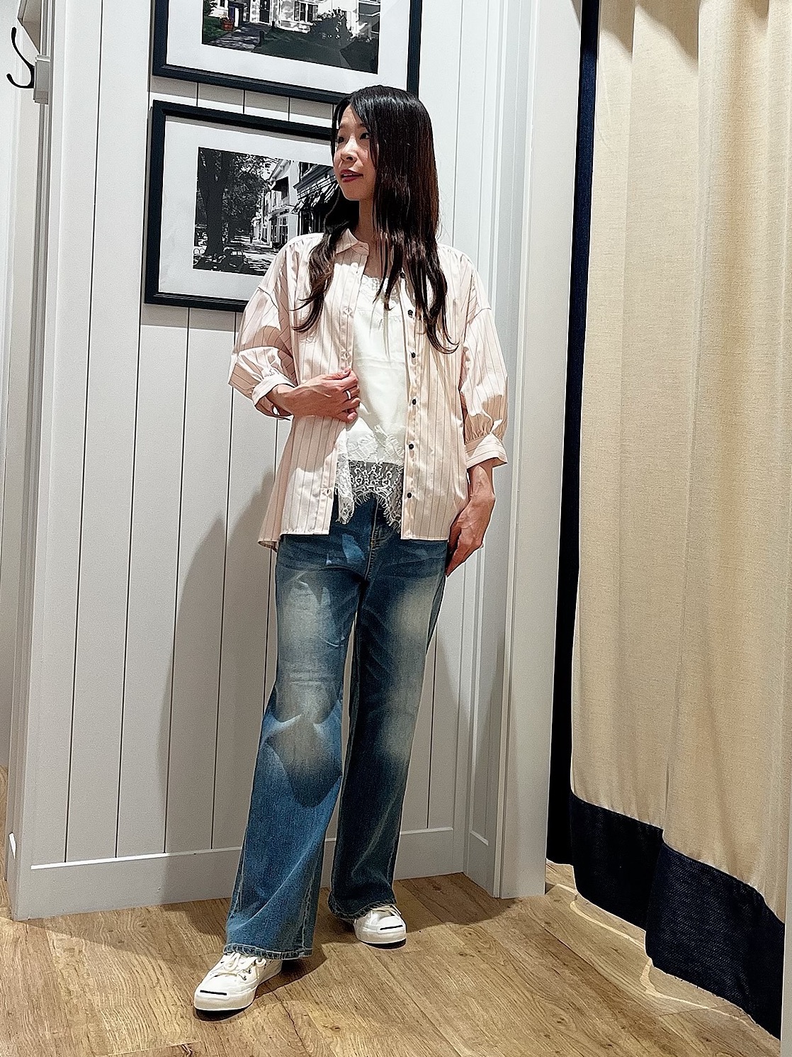 mihoさんの「Dessin｜【UVカット】ギャザースリーブストライプシャツ6分袖」を使ったコーディネート