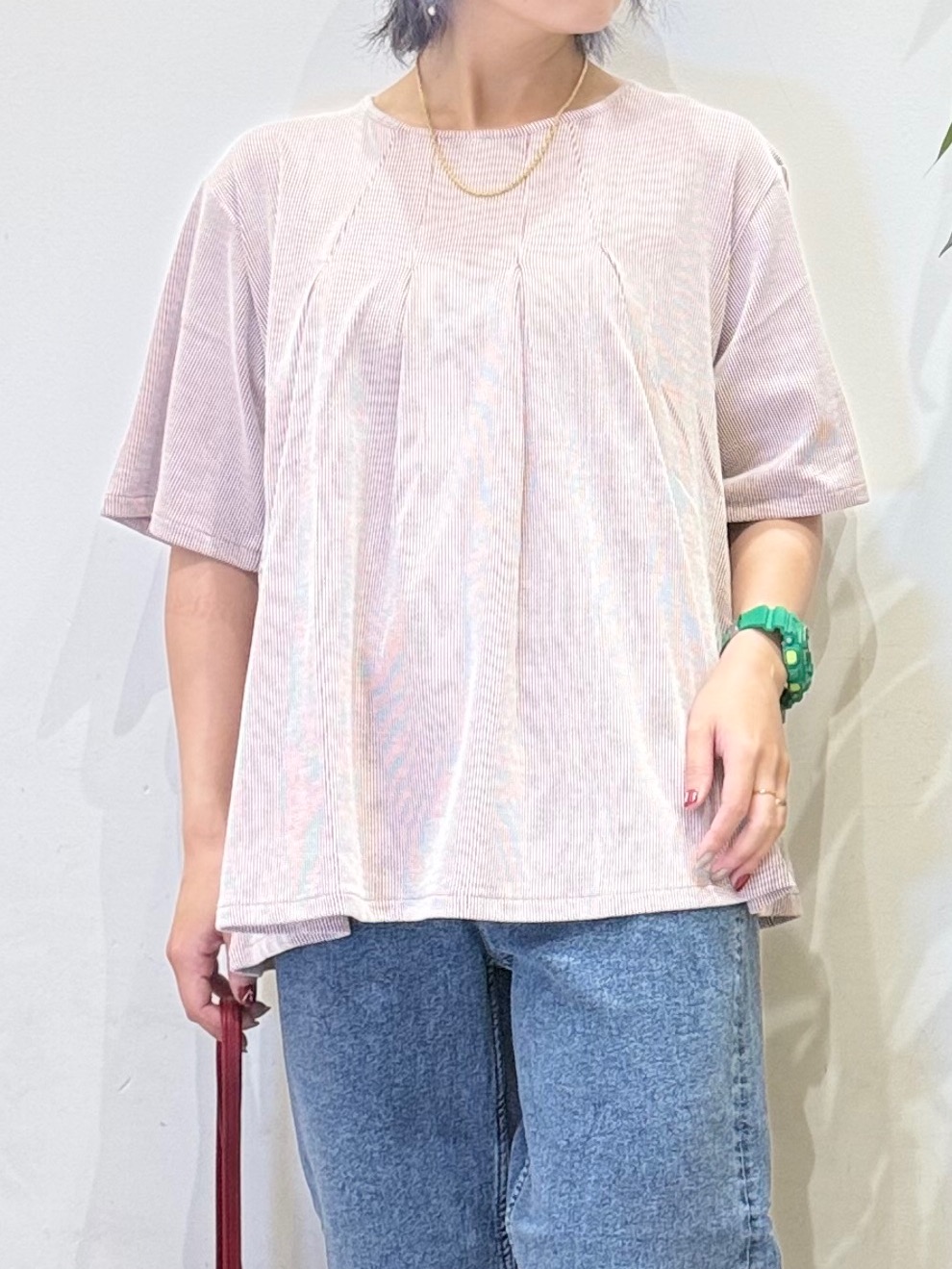 misakiさんの「SHOO･LA･RUE｜【洗濯機可/S-LL】インせずすっきり見え ストライプ柄タックトップス」を使ったコーディネート