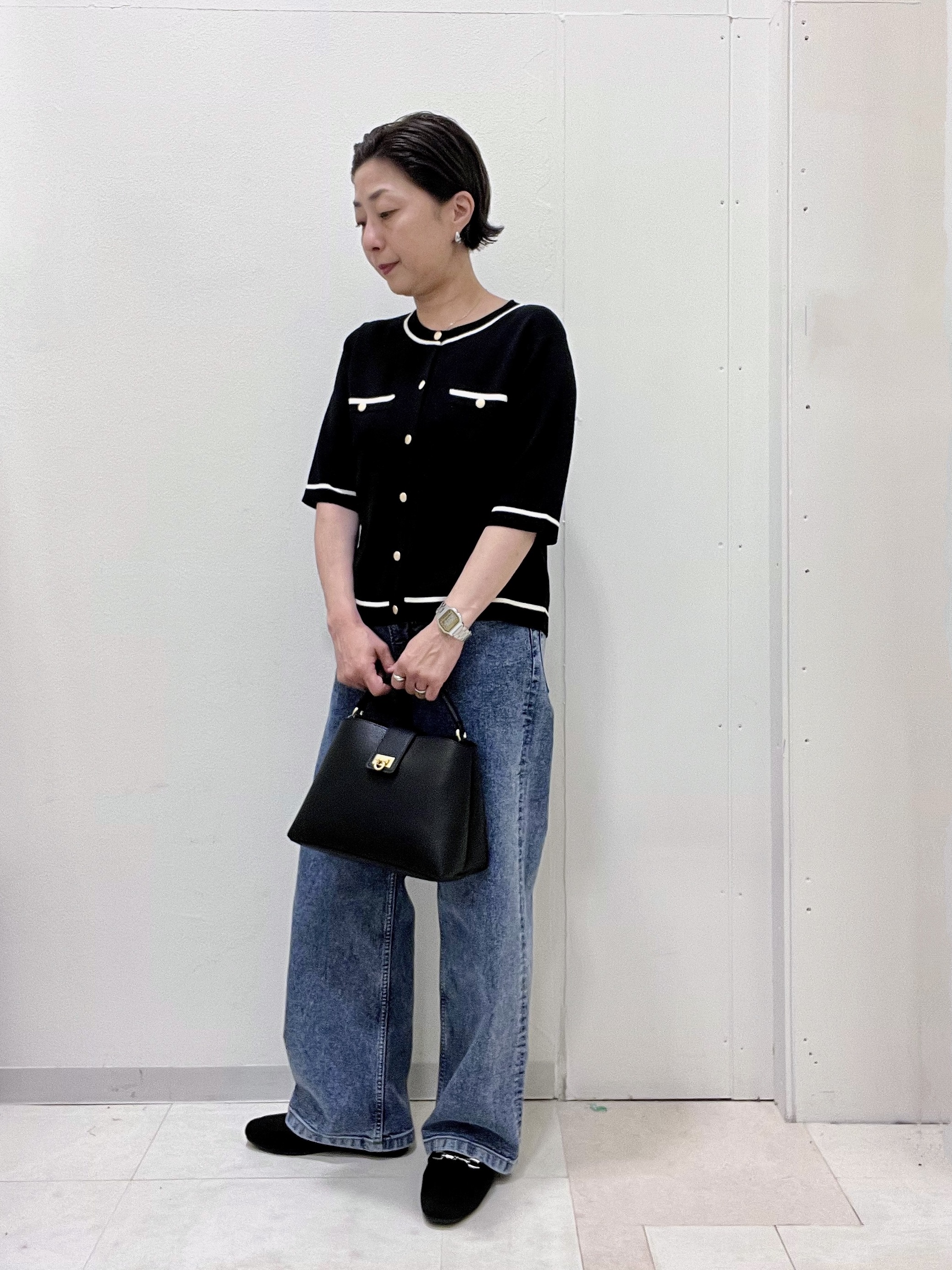 ゆみさんの「SHOO･LA･RUE｜【ひんやり/UV/S-LL/洗濯機可】毛玉になりにくい 配色5分袖カーディガン」を使ったコーディネート