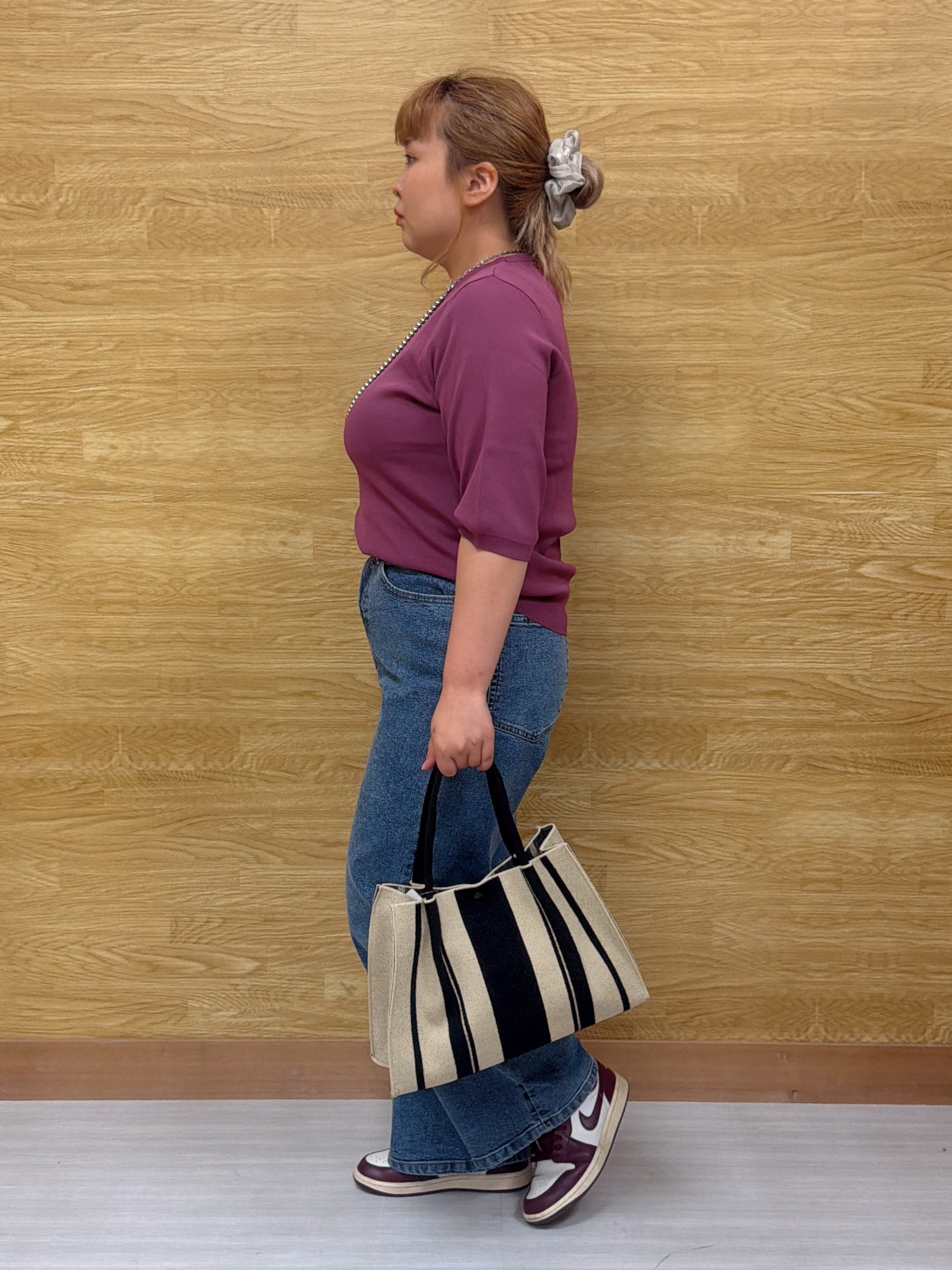 ぁむさんの「SHOO･LA･RUE｜【ガンガン洗える/ひんやり/UV/毛玉になりにくい】上半身すっきり 二の腕見せない5分袖ニット」を使ったコーディネート