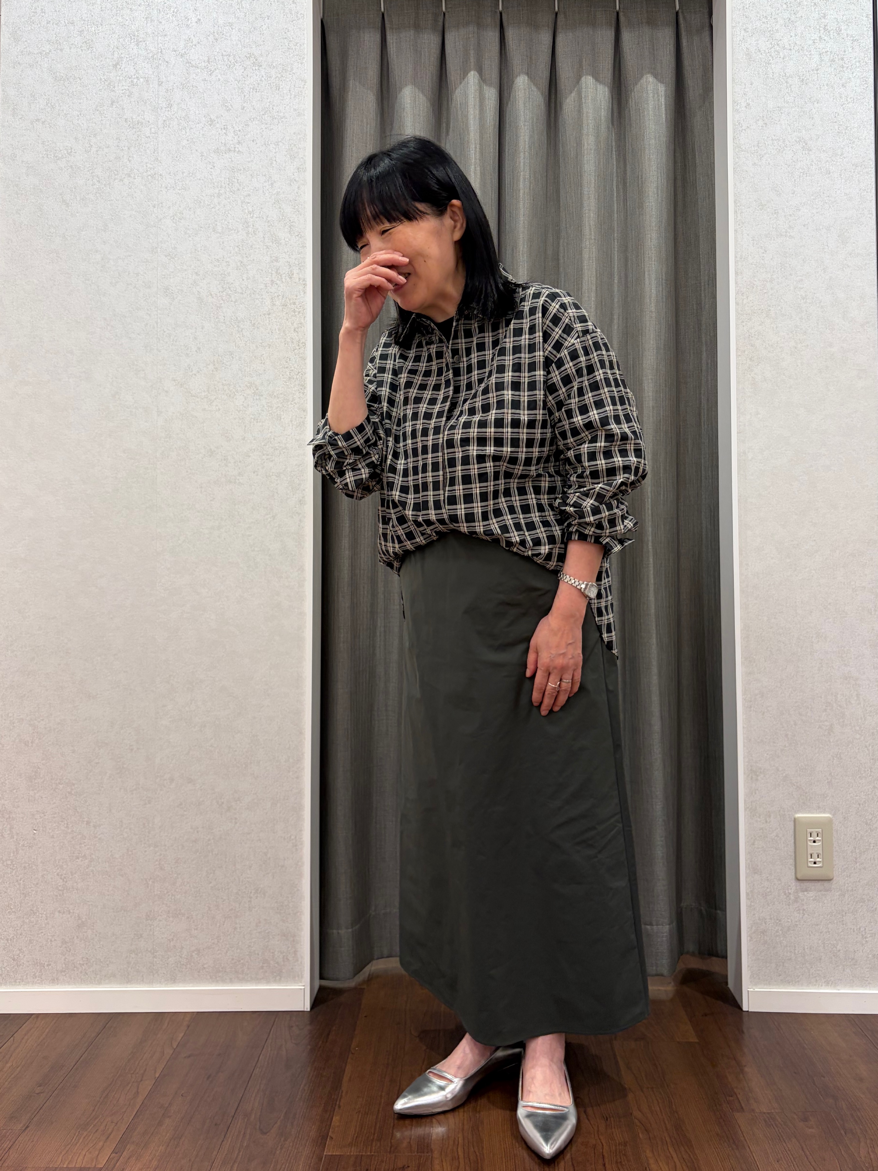 あーるさんの「UNTITLED｜シアーチェックシャツブラウス」を使ったコーディネート