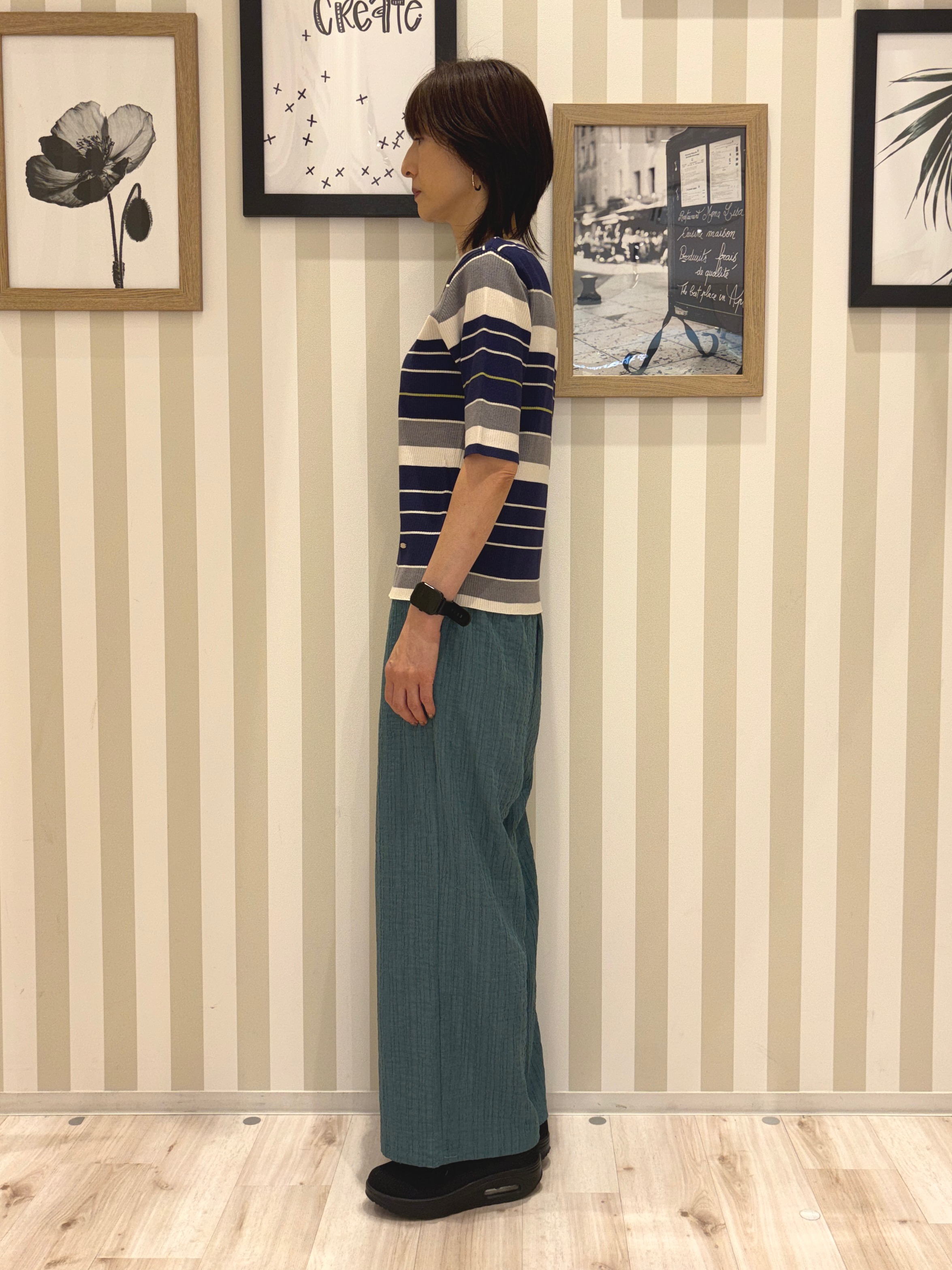 たまごがにさんの「SHOO･LA･RUE｜【S-LL】オンオフ着られる マルチボーダーリブニット」を使ったコーディネート