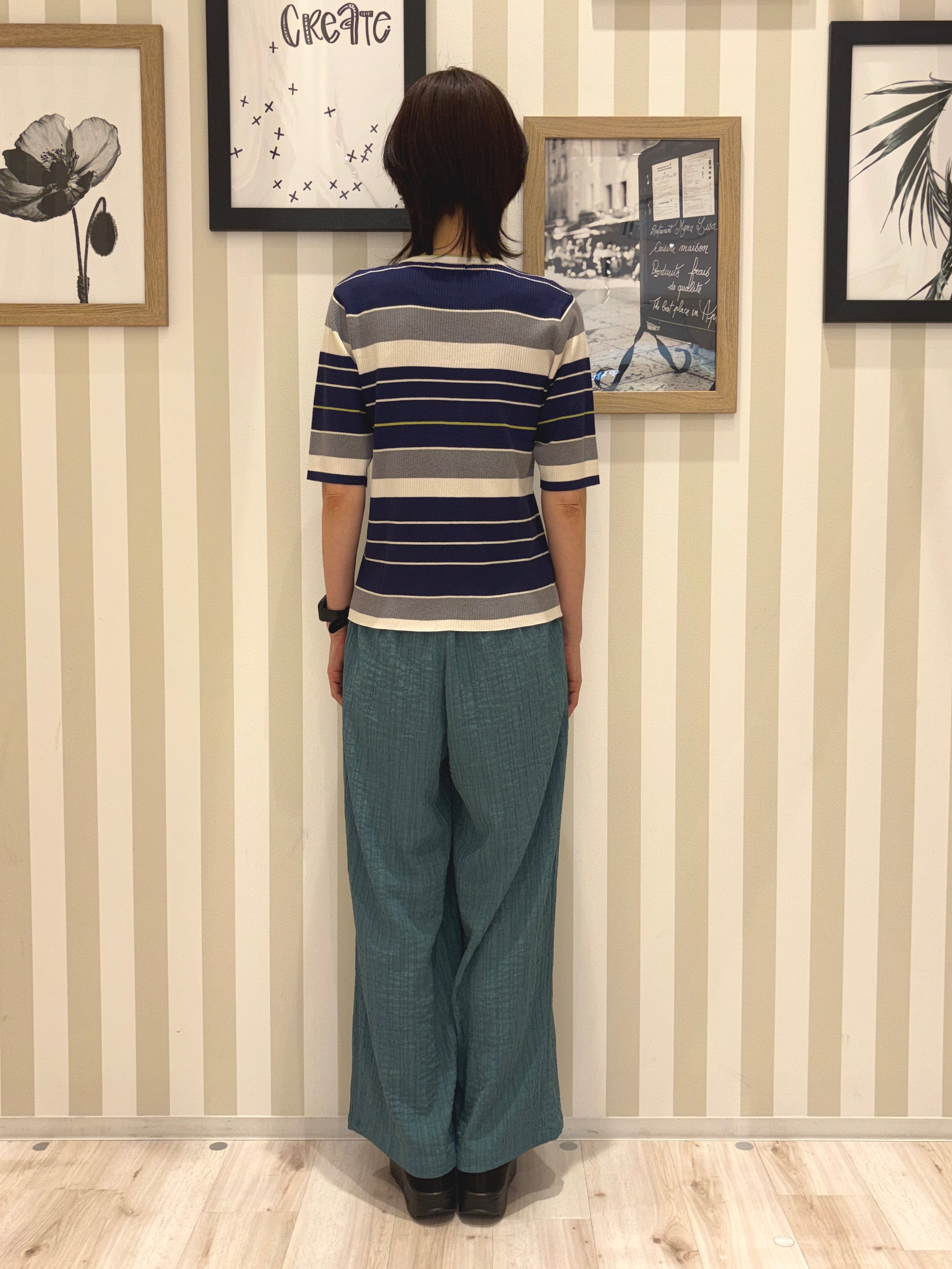 たまごがにさんの「SHOO･LA･RUE｜【S-LL】オンオフ着られる マルチボーダーリブニット」を使ったコーディネート