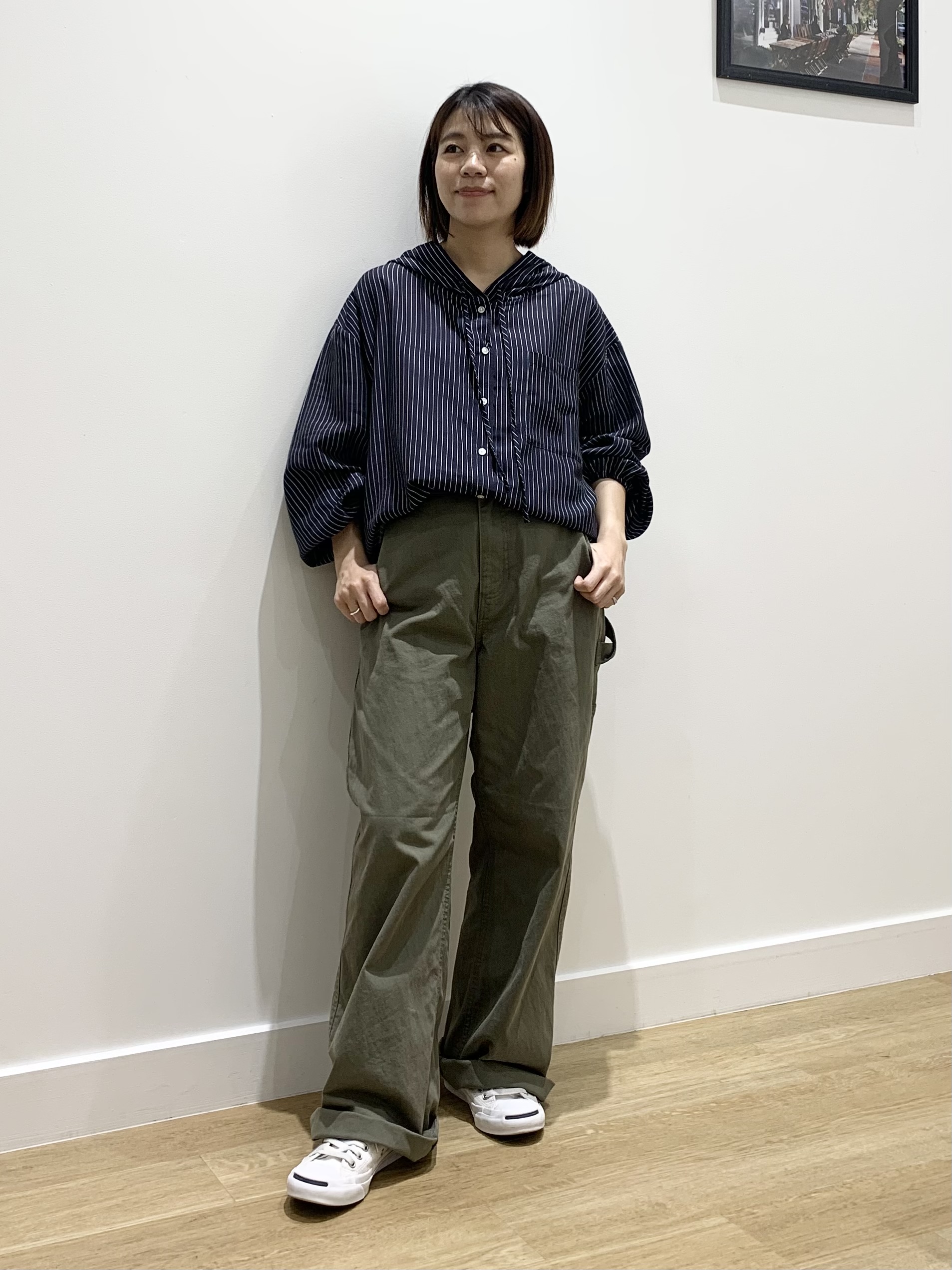 IMARIさんの「Dessin｜ストライプシアーフードシャツ」を使ったコーディネート