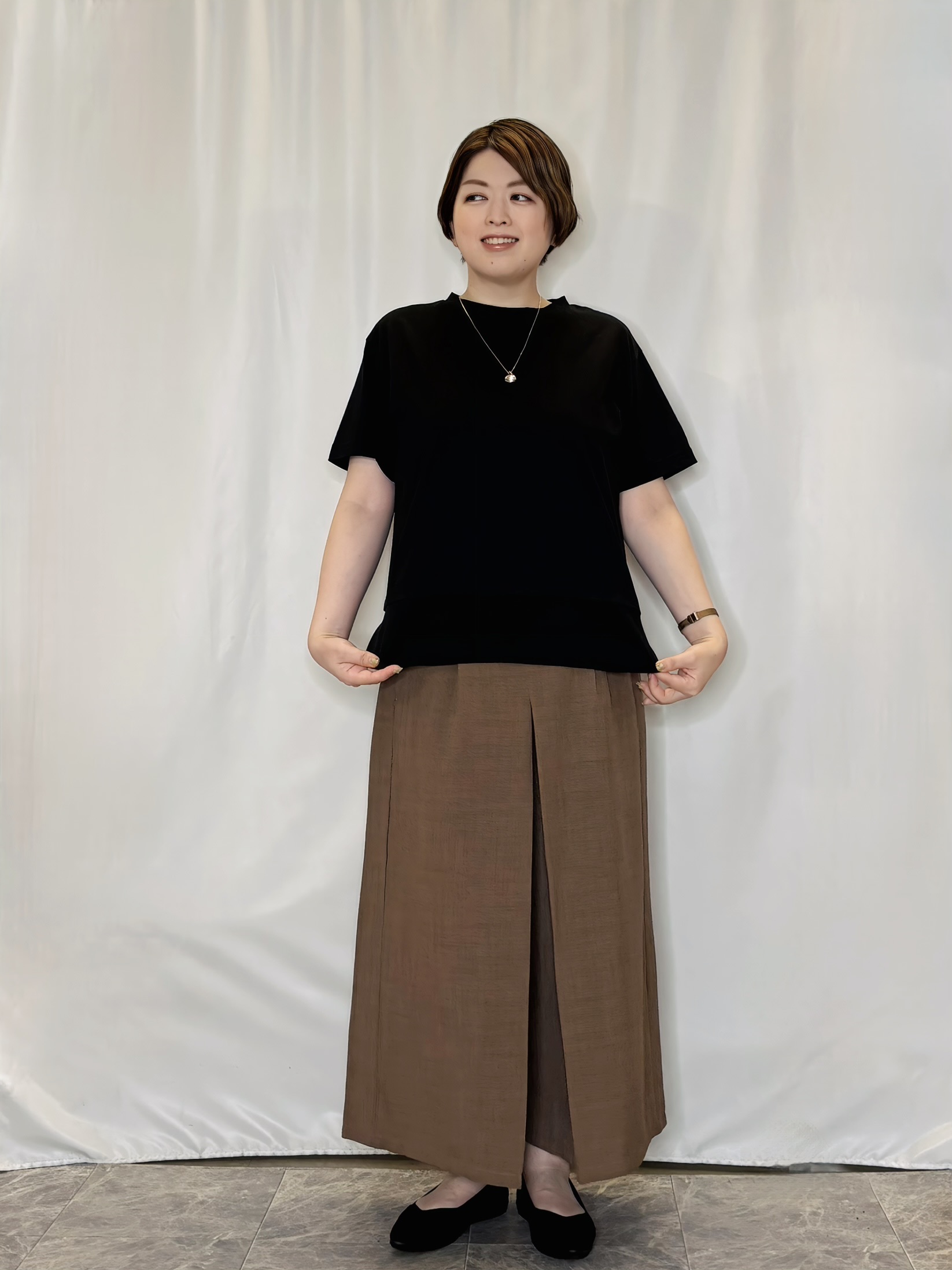たみさんの「SHOO･LA･RUE｜【ひんやり/体型カバー/S-LL】インせず着られる 異素材ドッキングTシャツ」を使ったコーディネート