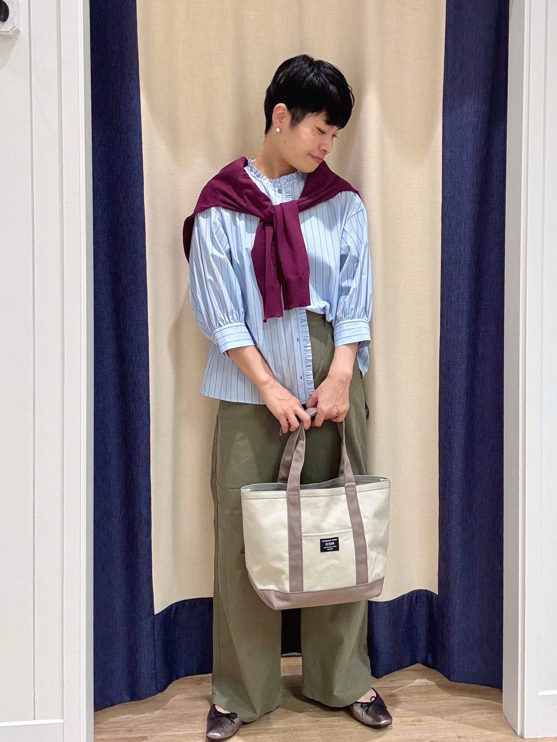 Suzuさんの「Dessin｜【UVカット】ストライプフリルブラウス6分袖」を使ったコーディネート
