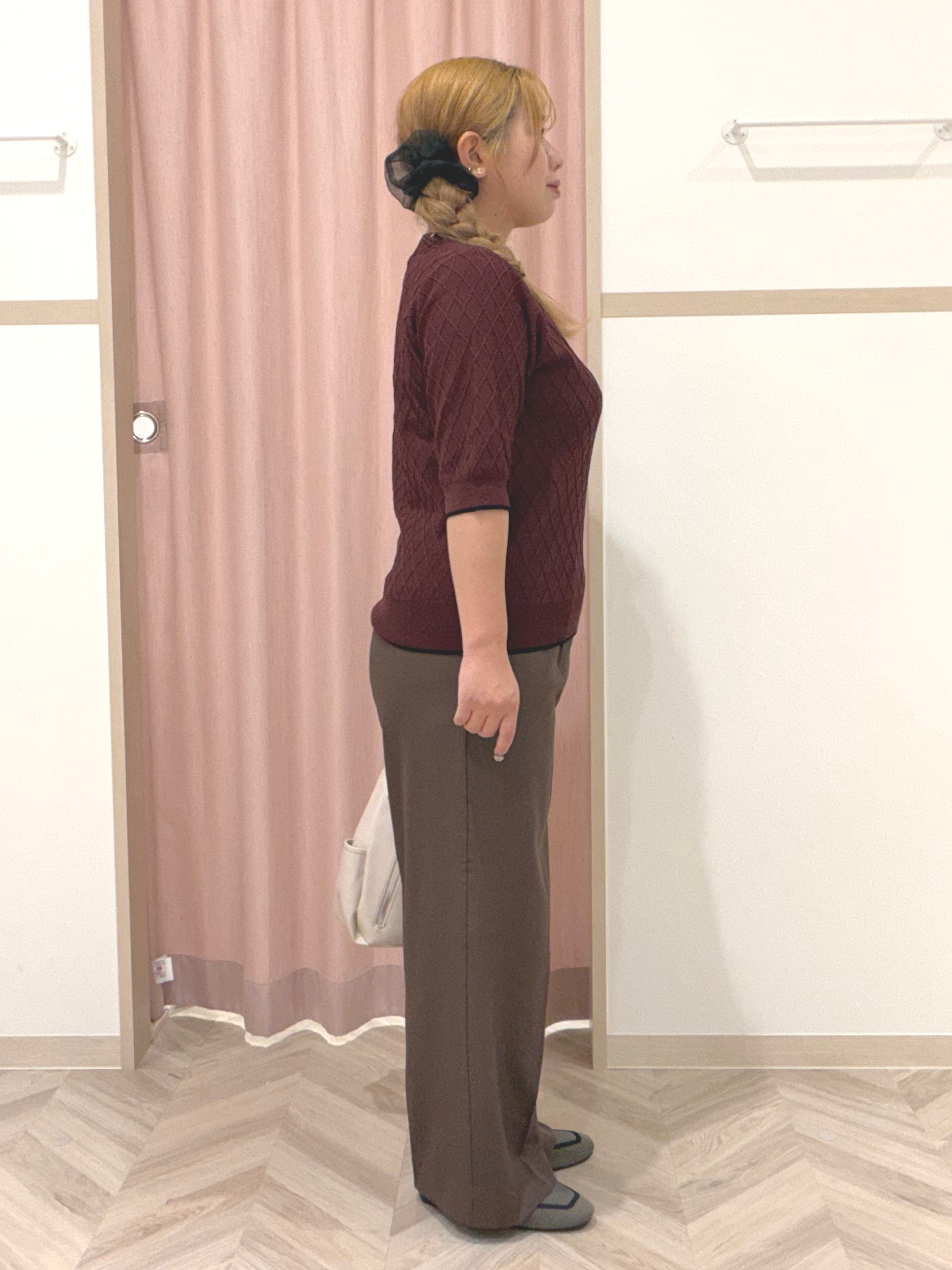 まちゃんなちゃんさんの「SHOO･LA･RUE｜【毛玉になりにくい/S-LL/洗濯機可】すっきり二の腕カバー ダイヤ柄5分袖配色ニット」を使ったコーディネート