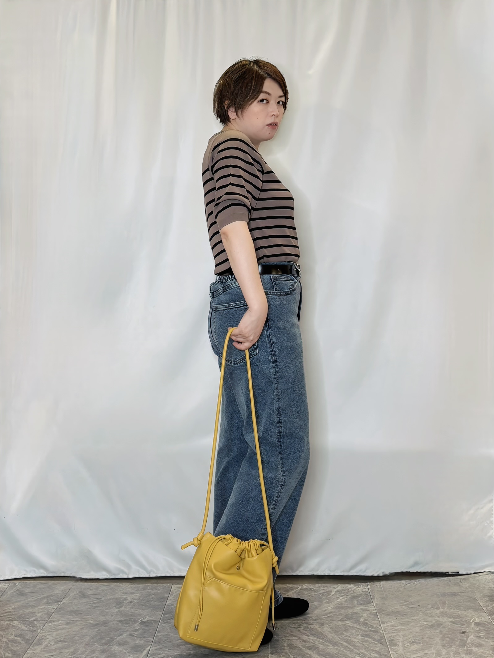 たみさんの「SHOO･LA･RUE｜【ガンガン洗える/ひんやり/UV/毛玉になりにくい】上半身すっきり 二の腕見せない5分袖ニット」を使ったコーディネート