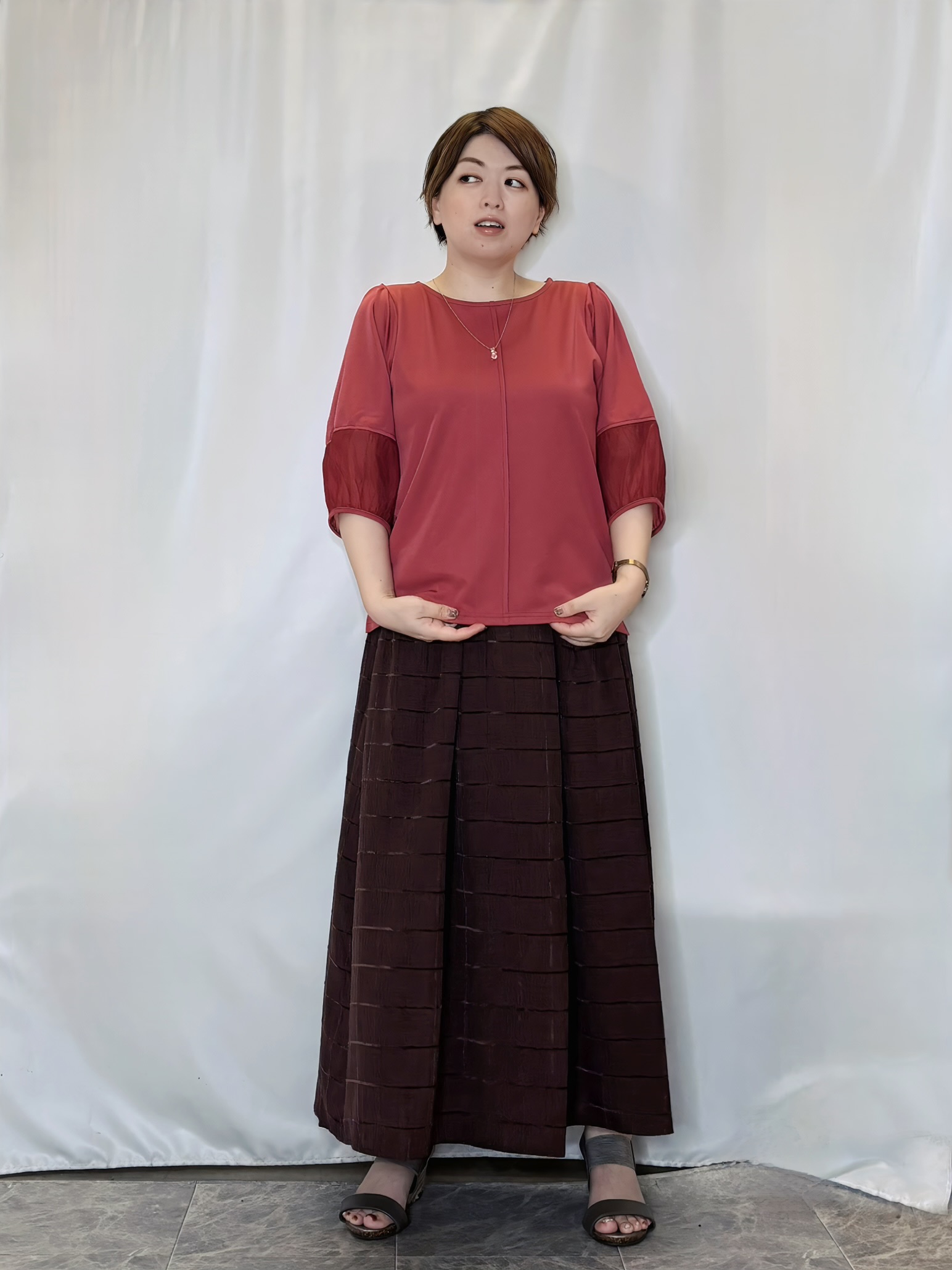たみさんの「SHOO･LA･RUE｜【セットアップ可/S-LL】モールチェックで上品に タックフレアスカート」を使ったコーディネート