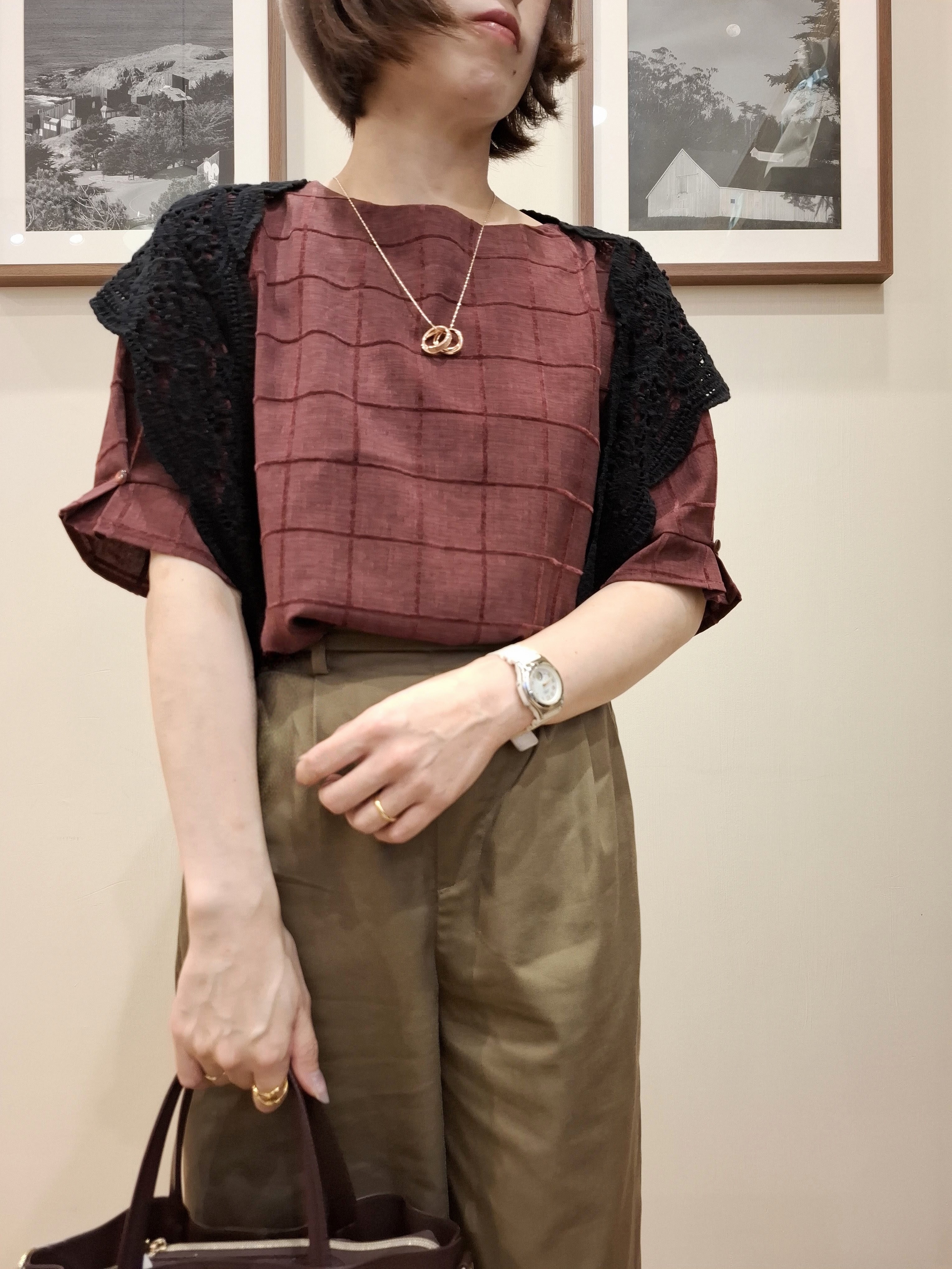 まあるさんの「SHOO･LA･RUE｜【セットアップ可/S-LL】モールチェックで上品に タックスリーブ ブラウス」を使ったコーディネート