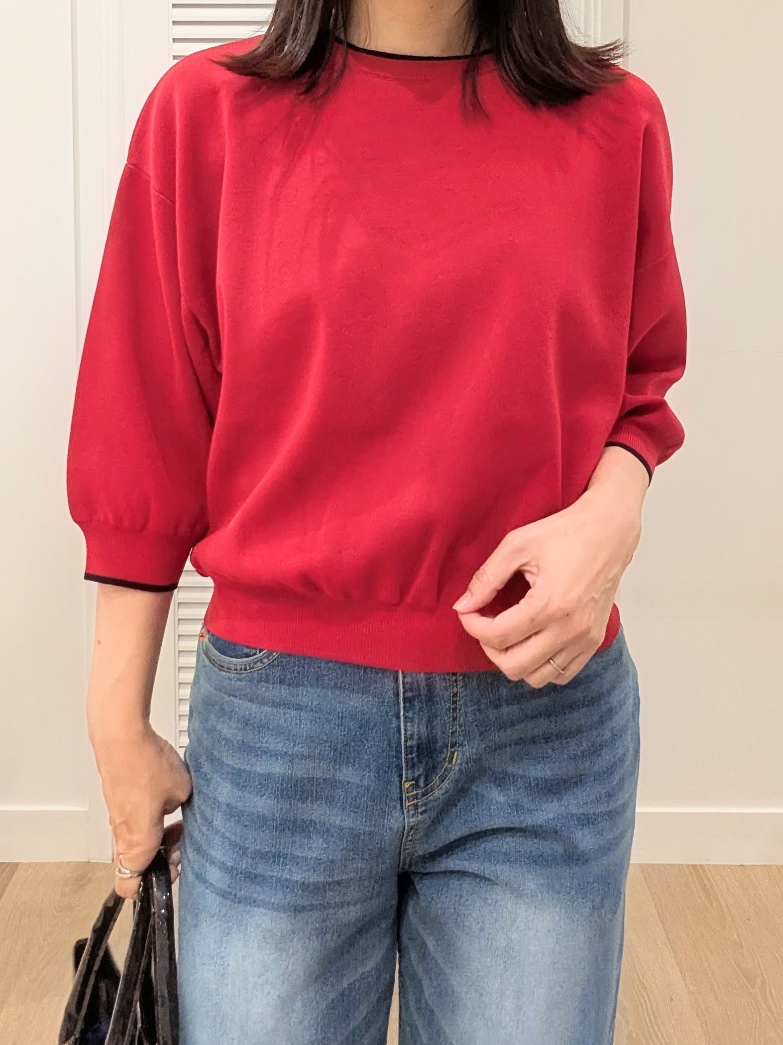 enさんの「Dessin｜【UVカット/マシンウォッシャブル】6分袖配色ニット」を使ったコーディネート