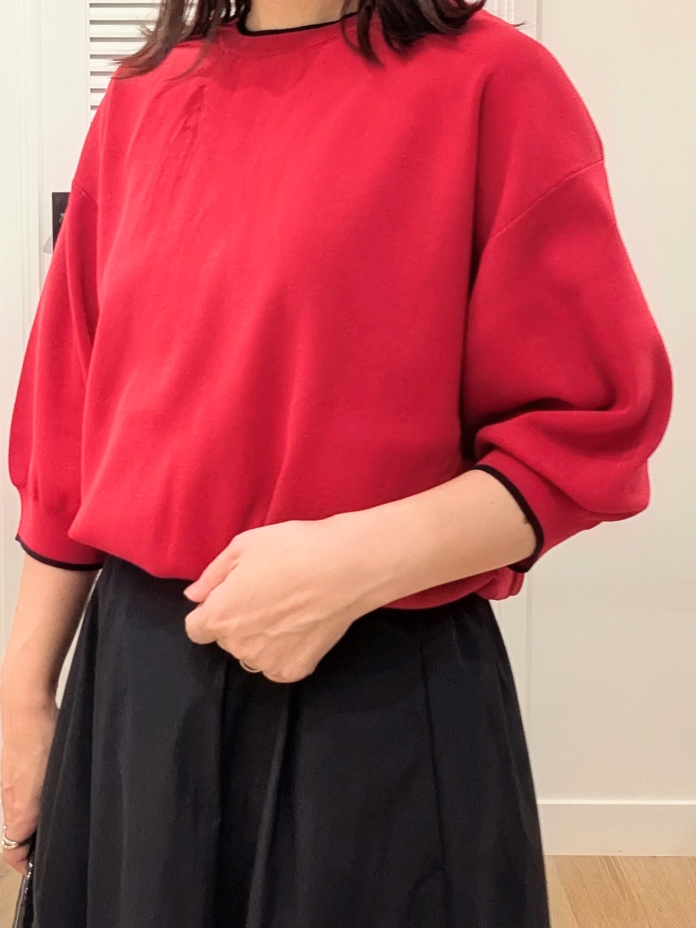 enさんの「Dessin｜【UVカット/マシンウォッシャブル】6分袖配色ニット」を使ったコーディネート