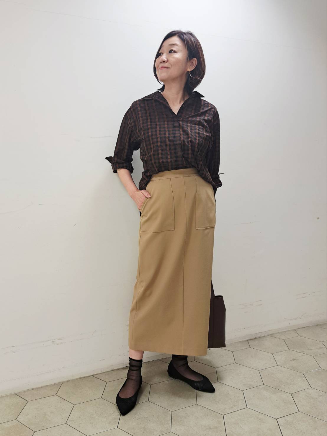 姉さんさんの「UNTITLED｜シアーチェックシャツブラウス」を使ったコーディネート