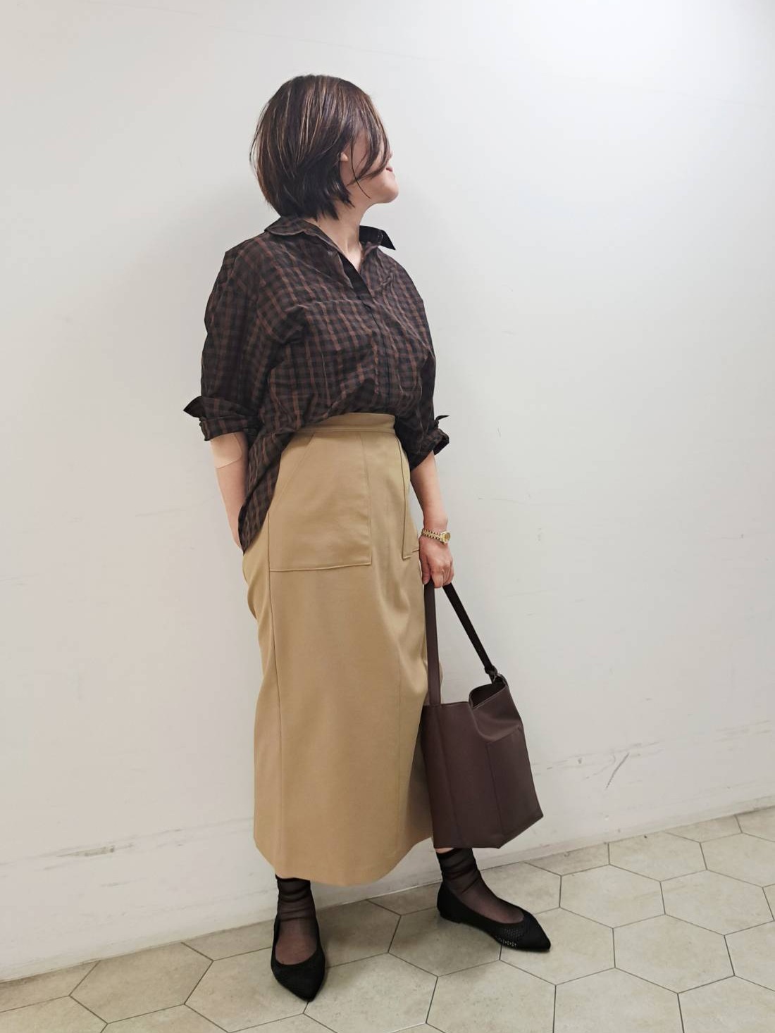 姉さんさんの「UNTITLED｜シアーチェックシャツブラウス」を使ったコーディネート