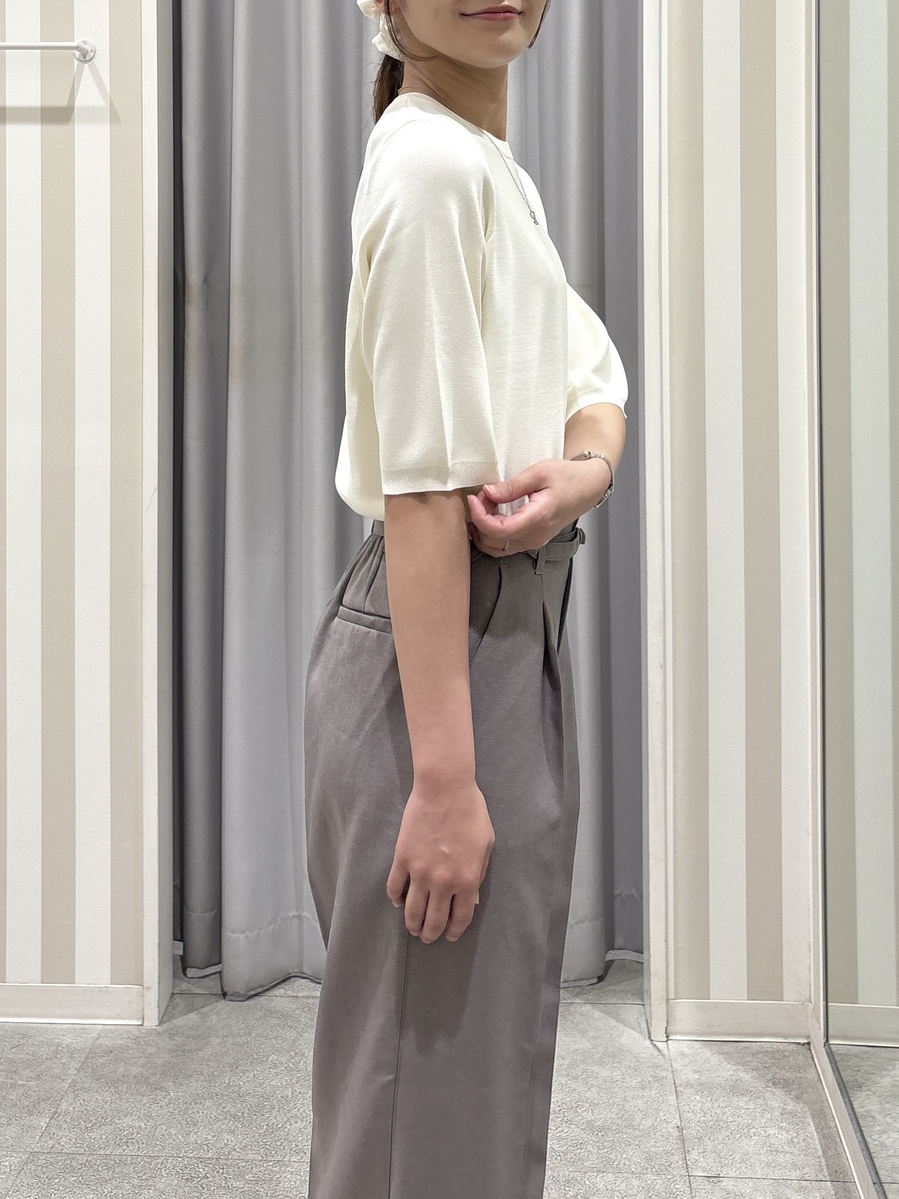 Rikaさんの「SHOO･LA･RUE｜【ガンガン洗える/ひんやり/UV/毛玉になりにくい】二の腕見せない 5分袖ニット」を使ったコーディネート