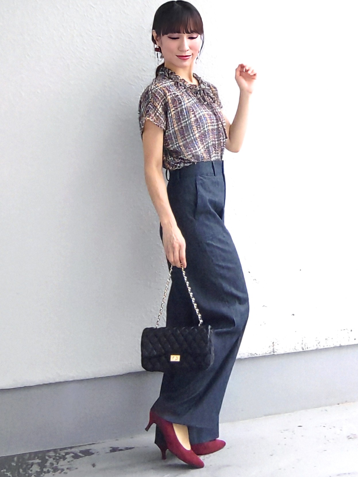 keinaさんの「SunaUna｜チェック柄フリルブラウス」を使ったコーディネート