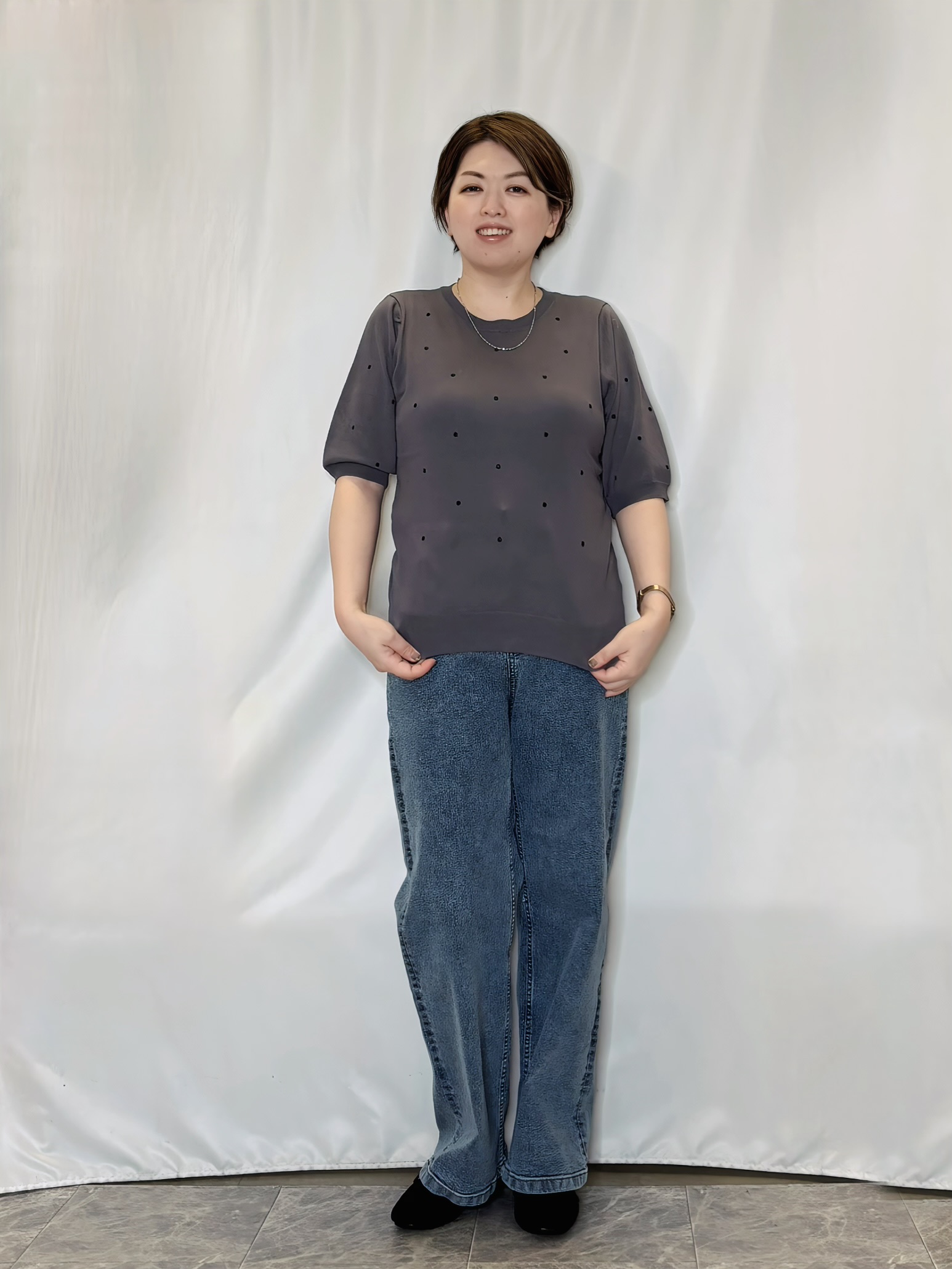 たみさんの「SHOO･LA･RUE｜【ひんやり/S-LL】ほんのり甘い ドット刺繍ニット」を使ったコーディネート