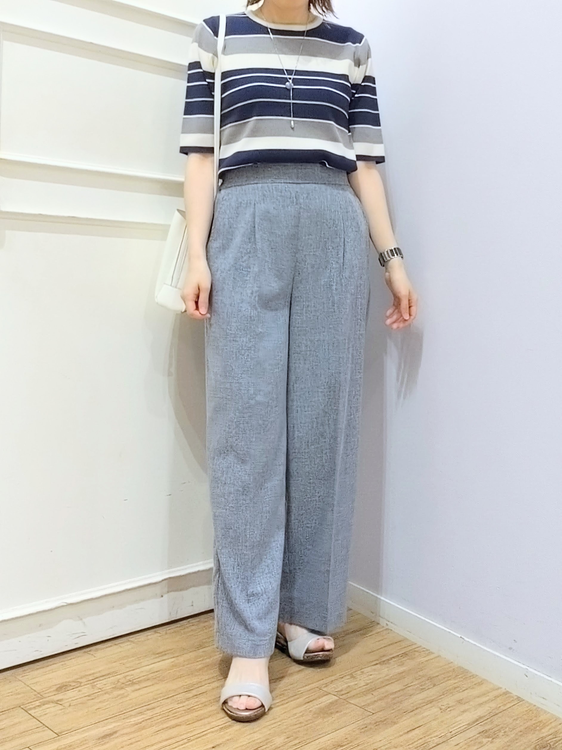 miomioさんの「SHOO･LA･RUE｜【S-LL】オンオフ着られる マルチボーダーリブニット」を使ったコーディネート