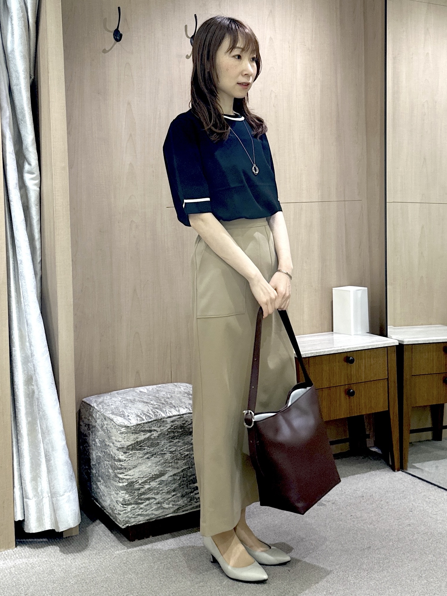 Miwaさんの「UNTITLED｜【アンサンブル可/上品な清涼感】コンパクト5分袖ニット」を使ったコーディネート