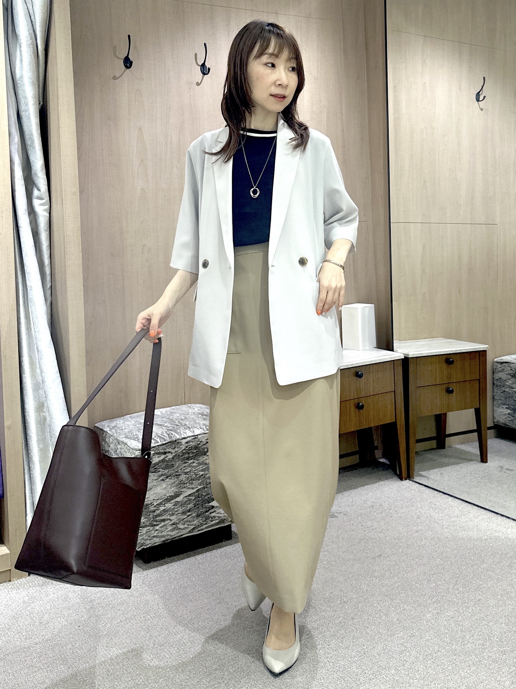 Miwaさんの「UNTITLED｜【アンサンブル可/上品な清涼感】コンパクト5分袖ニット」を使ったコーディネート