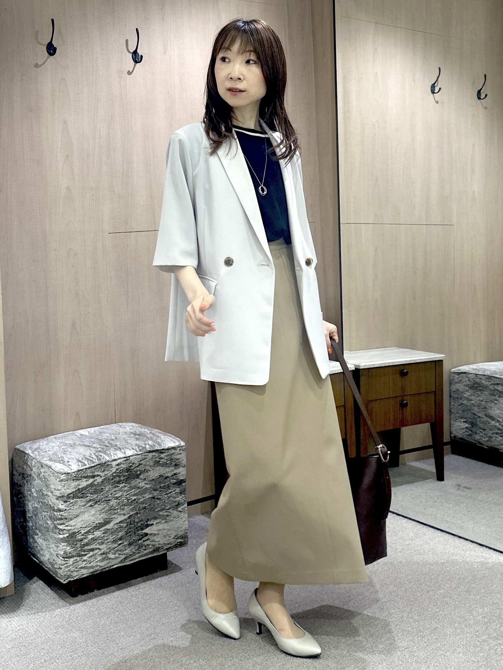 Miwaさんの「UNTITLED｜【アンサンブル可/上品な清涼感】コンパクト5分袖ニット」を使ったコーディネート